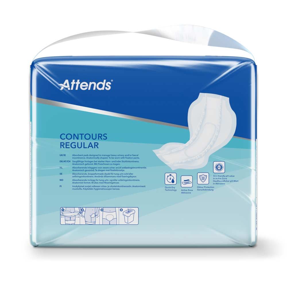 Attends Contours Regular 8. Anatomisch geformte Vorlagen. Verpackung. Produktbezeichnung und Marke deutlich sichtbar.