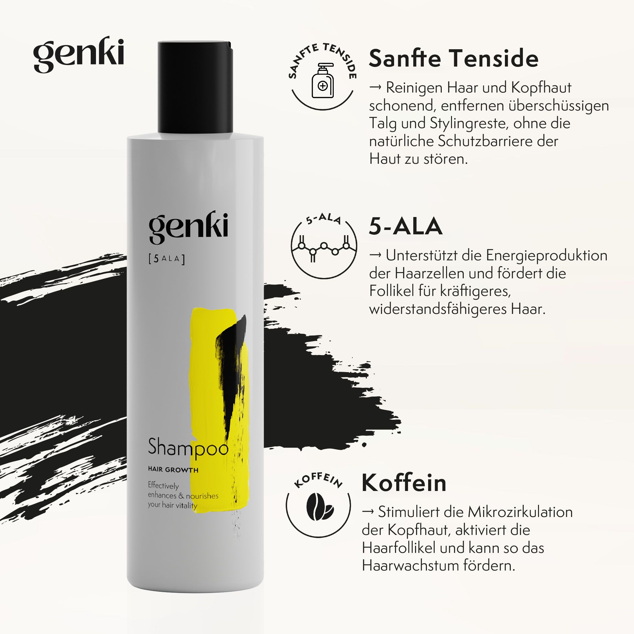 Graue Flasche mit schwarzem Deckel. Aufschrift: genki [SALA] und Shampoo. Gelber Akzent. Grafiken.