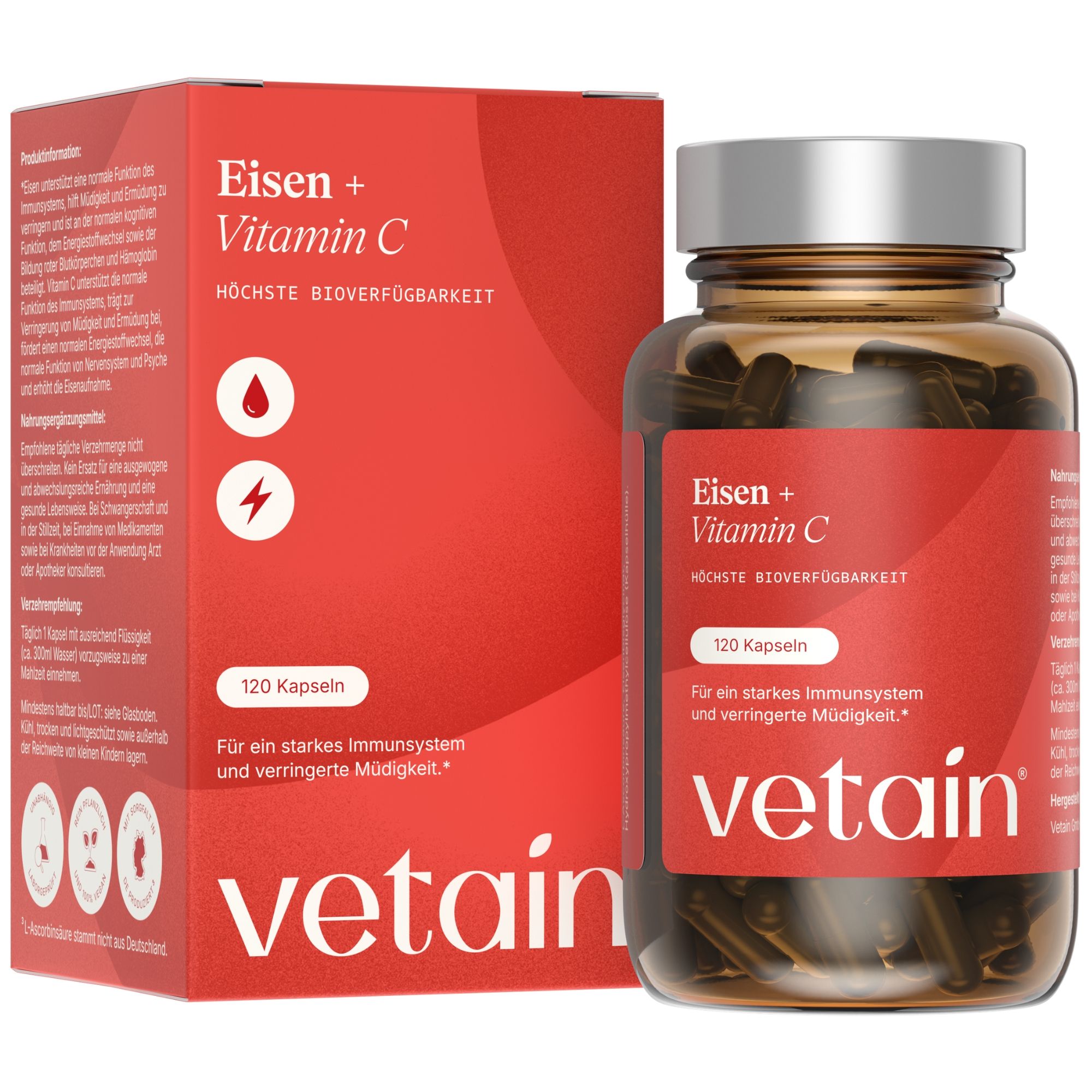 Vetain Eisen hochdosiert - 45mg Eisenbisglycinat + 250mg Vitamin C pro Kapsel – 4 Monate Vorrat 120 St Kapseln