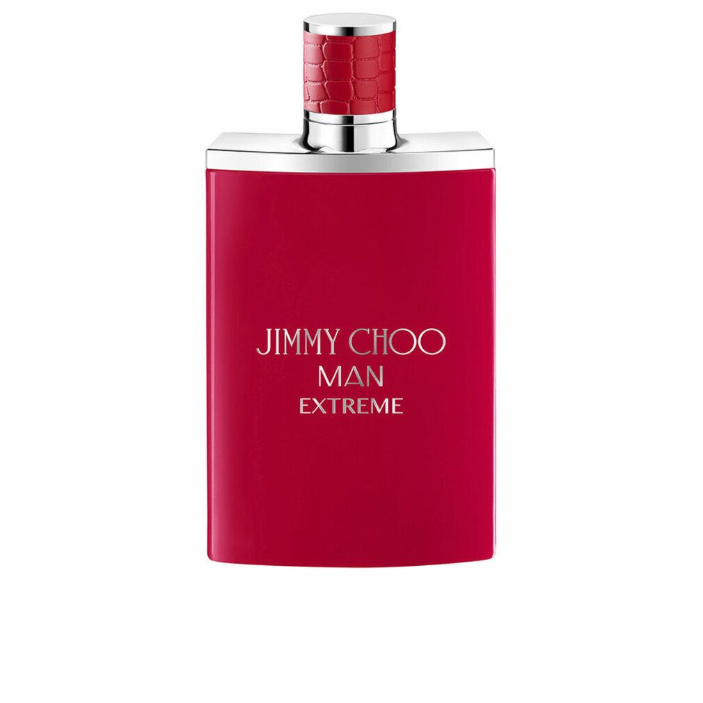 Rotes Parfümflakon mit silbernem Verschluss. Aufschrift: JIMMY CHOO MAN EXTREME. Quadratische Form.
