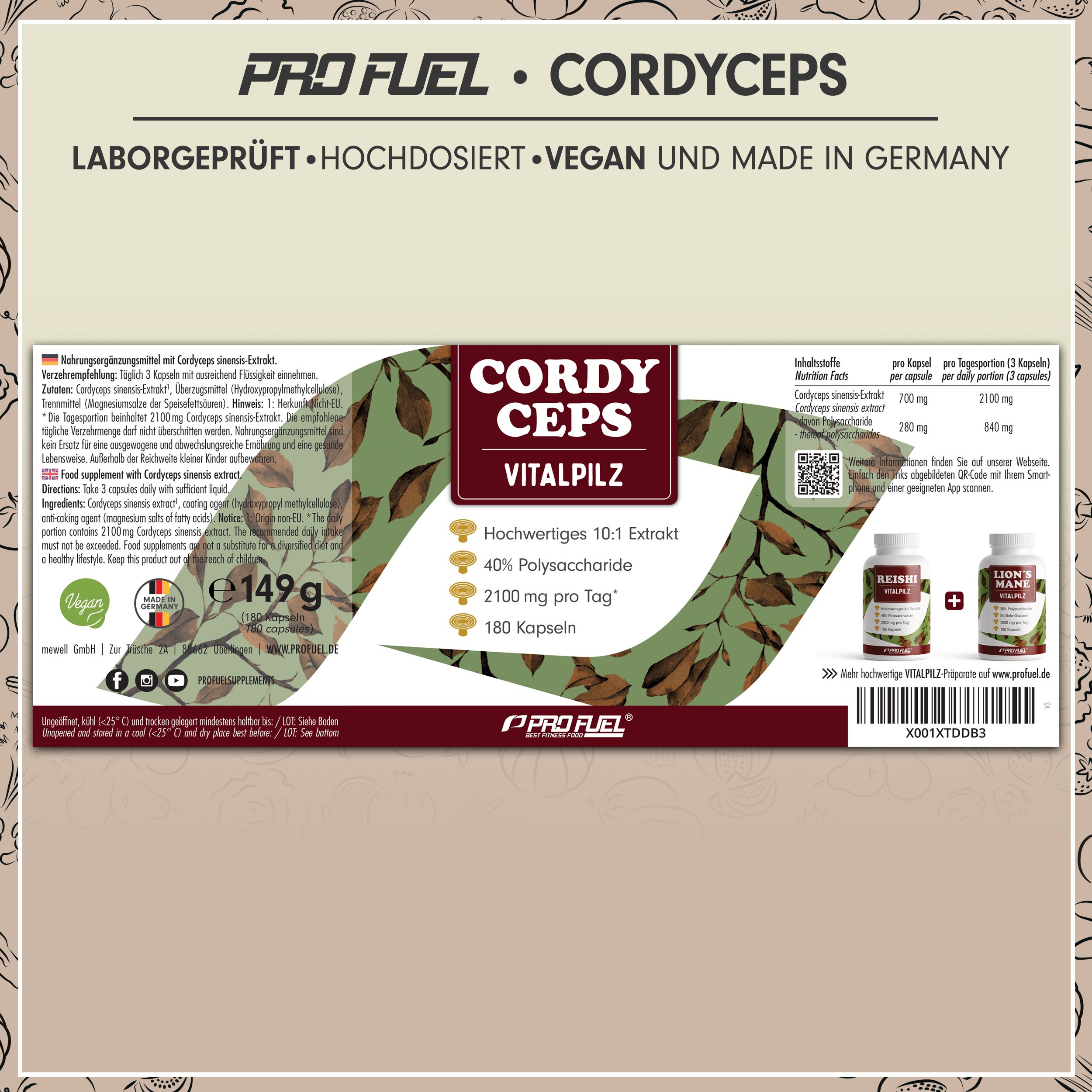 Profuel - Cordyceps Kapseln 180x - 2100 mg Vitalpilz-Extrakt aus Cordyceps sinensis - 540 Kapseln