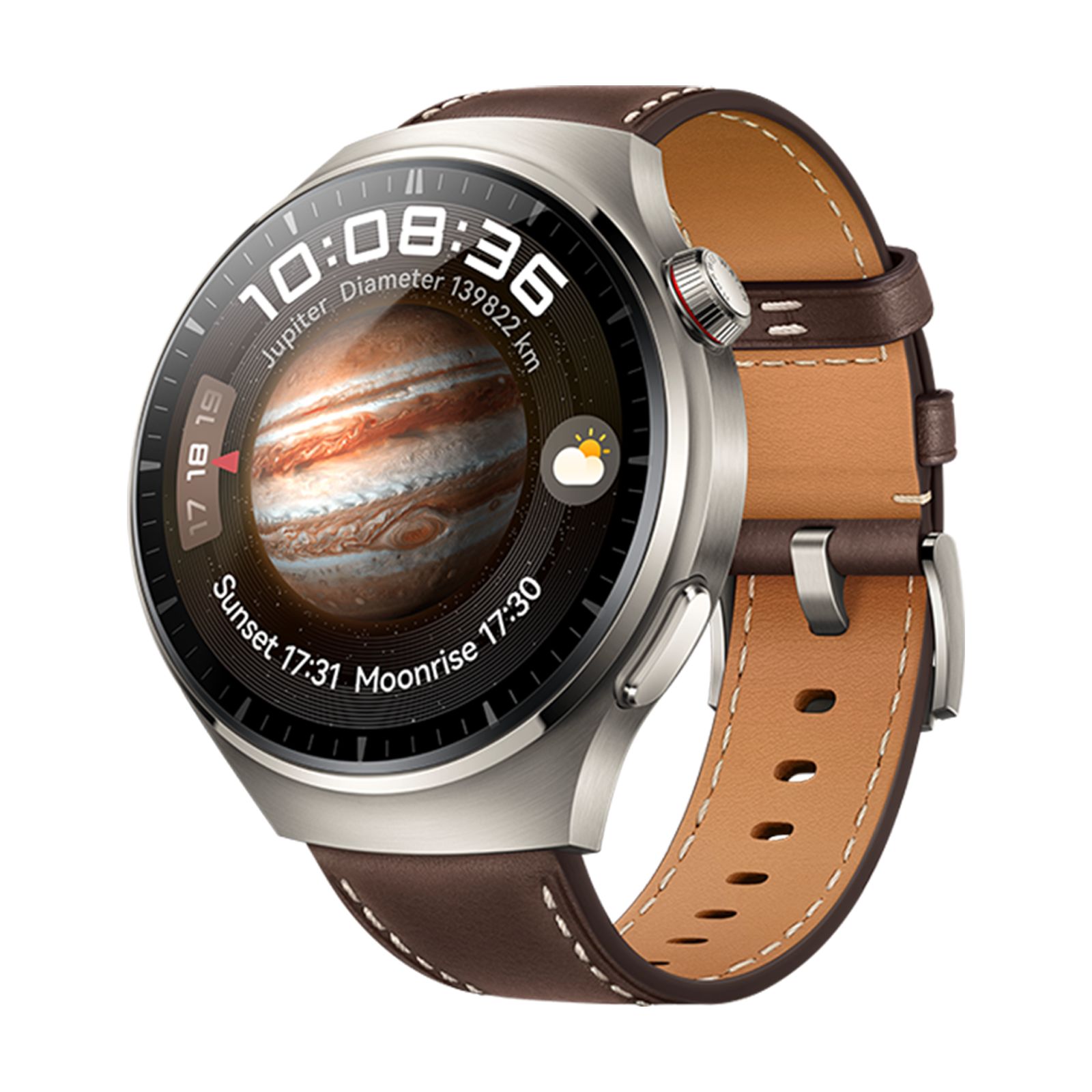 Smartwatch mit braunem Lederarmband. Rundes Display mit Uhrzeit, Jupiter-Darstellung und Wetter-Symbol. Gehäuse silberfarben.