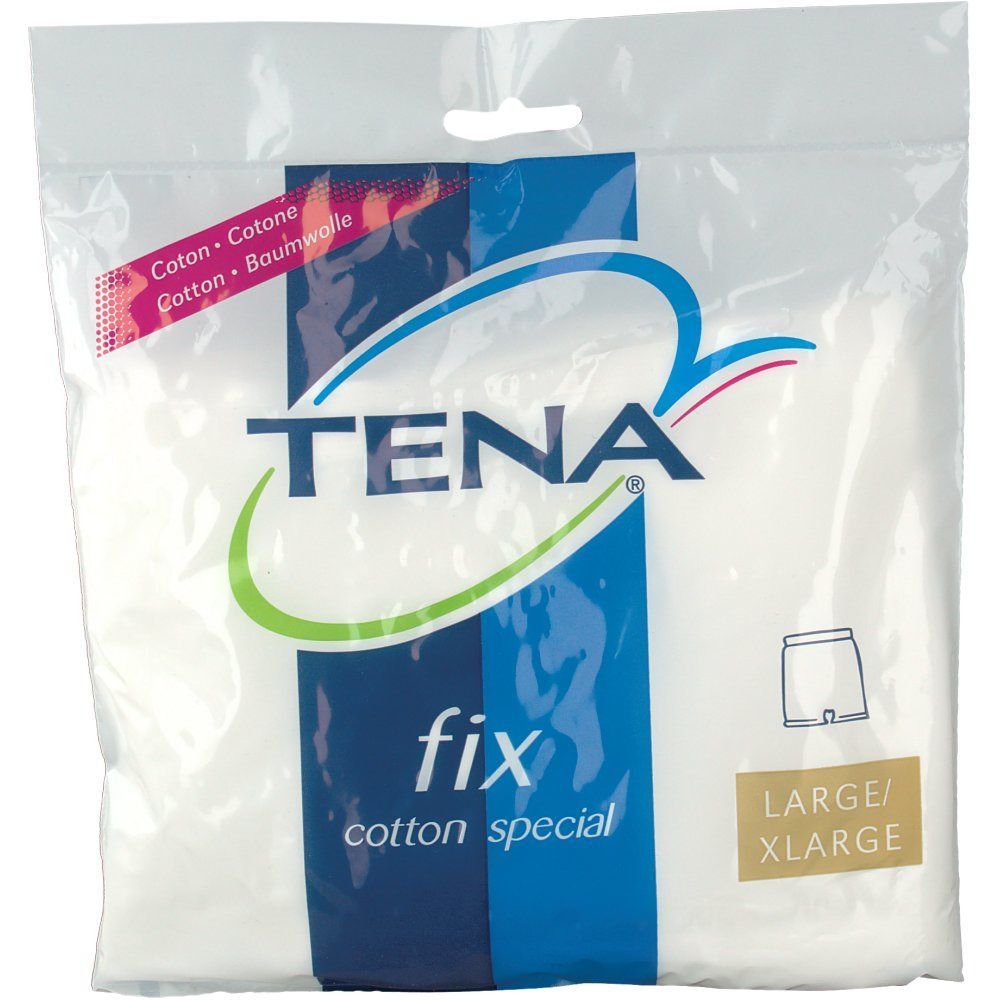 Verpackung mit TENA FIX Cotton Special L/XL. Weiße Unterwäsche in Plastikverpackung. Aufdrucke: TENA, fix, cotton special, Größenangabe.