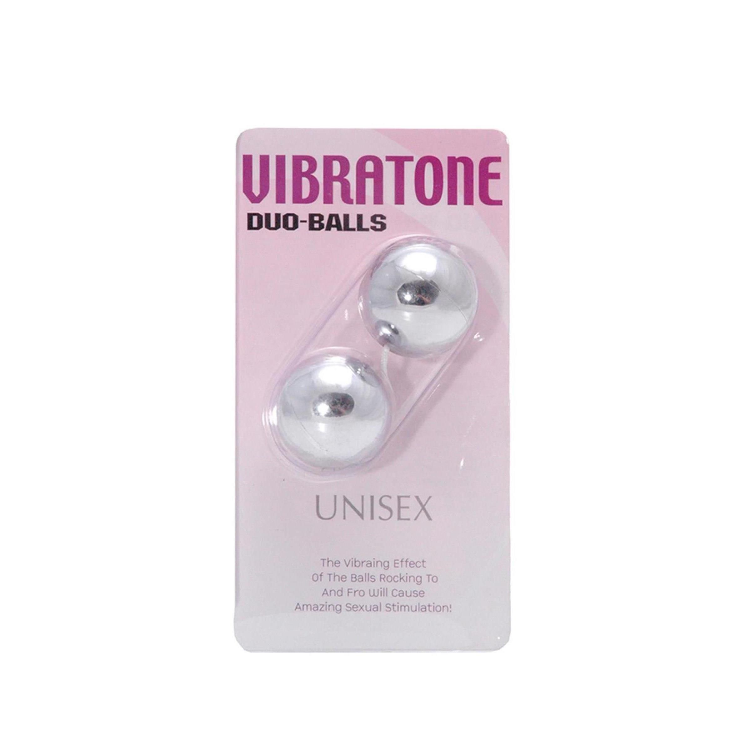 Verpackung mit zwei silberfarbenen Kugeln. Aufschrift "VIBRATONE DUO-BALLS". Text darunter: "UNISEX".