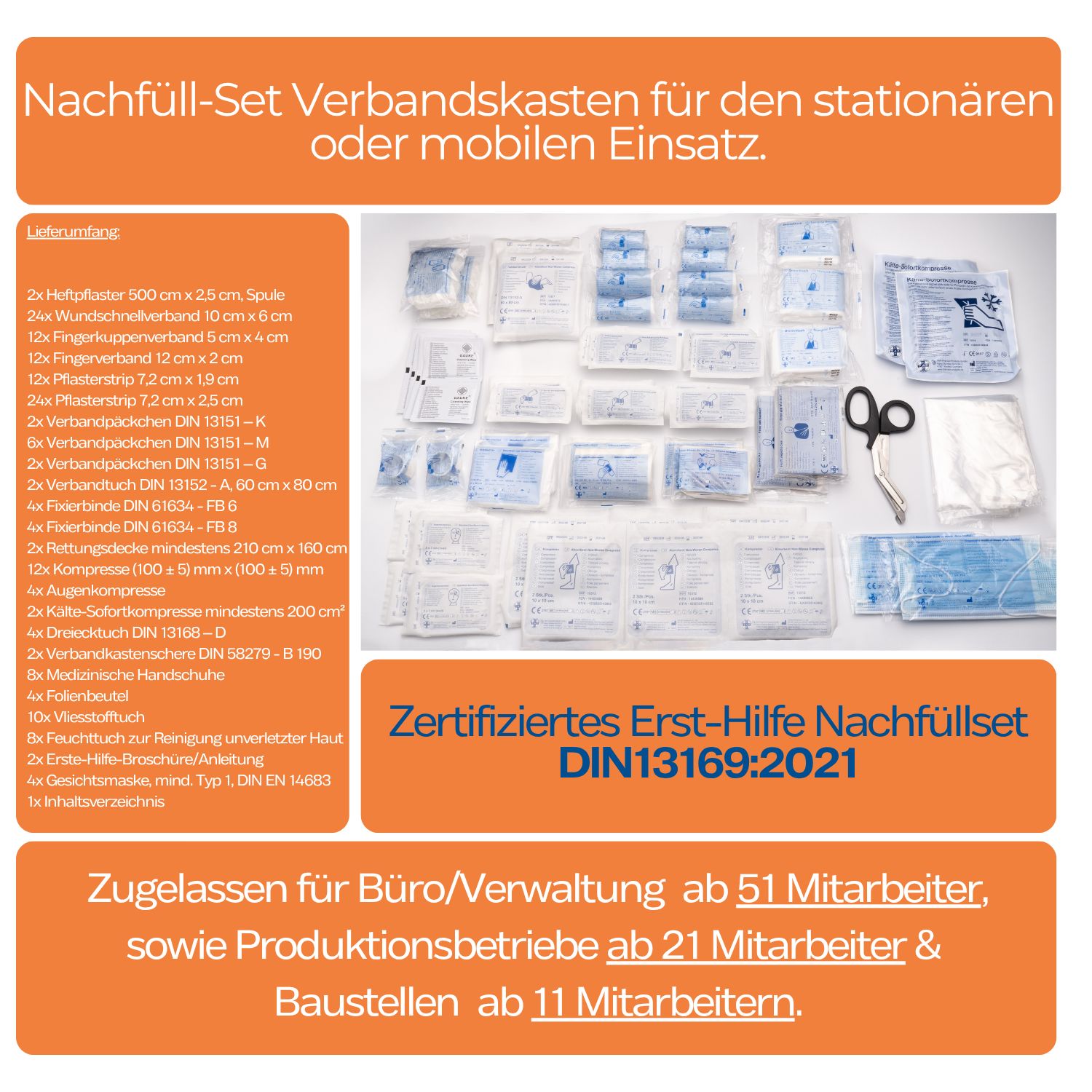 Zertifiziertes Erste-Hilfe Nachfüllset DIN 13169:2021. Inhalt: Verbandpäckchen, Pflaster, Schere, Masken. Für Büros ab 51 Mitarbeitern.