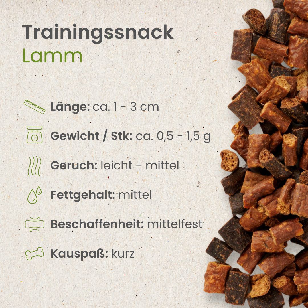 Trainingssnack Lamm, ca. 1-3 cm lang, 0,5-1,5 g schwer, mittelfest.