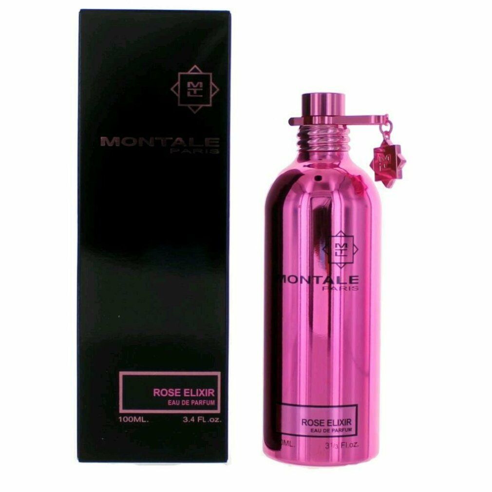 Rosafarbener Flakon mit Sprühkopf und schwarzer Verpackung. Aufschrift: Montale Paris, Rose Elixir Eau de Parfum. 100ml, 3.4 fl. oz.