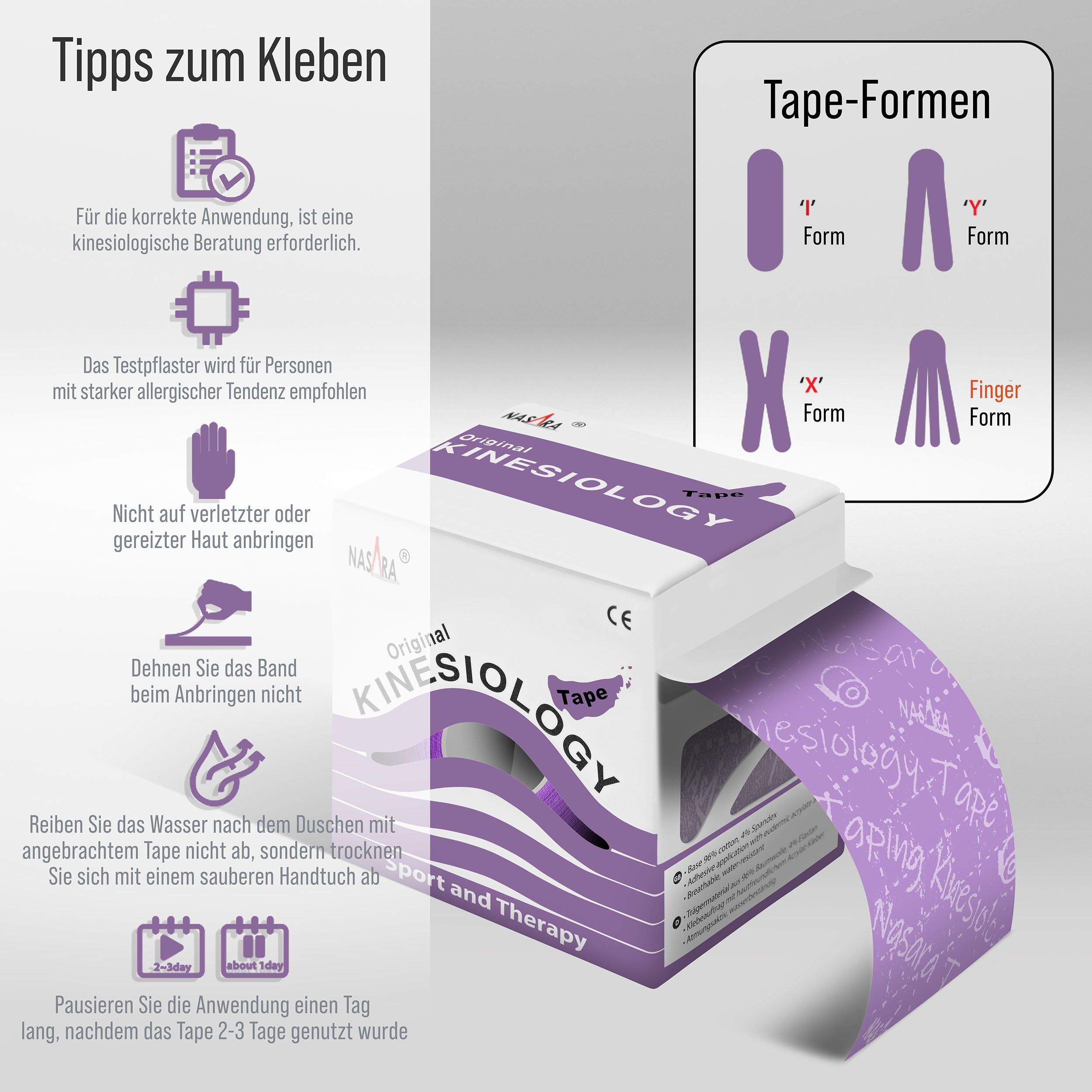 Infografik mit Tipps zur Anwendung von Kinesiologie Tape. Formen: I, Y, X, Finger. Text: NASARA Original Kinesiology Tape.