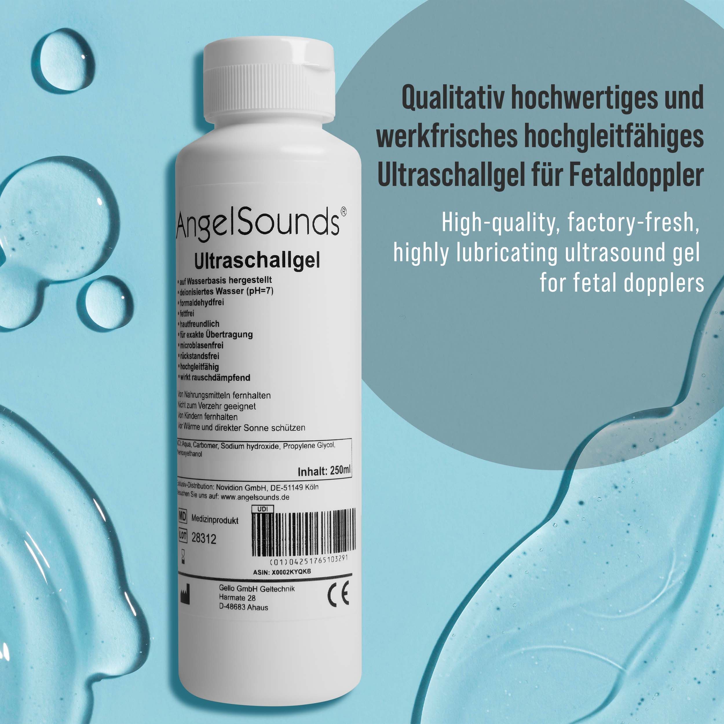 Weiße Flasche AngelSounds Ultraschallgel. Text: Qualitativ hochwertiges Ultraschallgel für Fetaldoppler. Hintergrund: blaue Flüssigkeit.