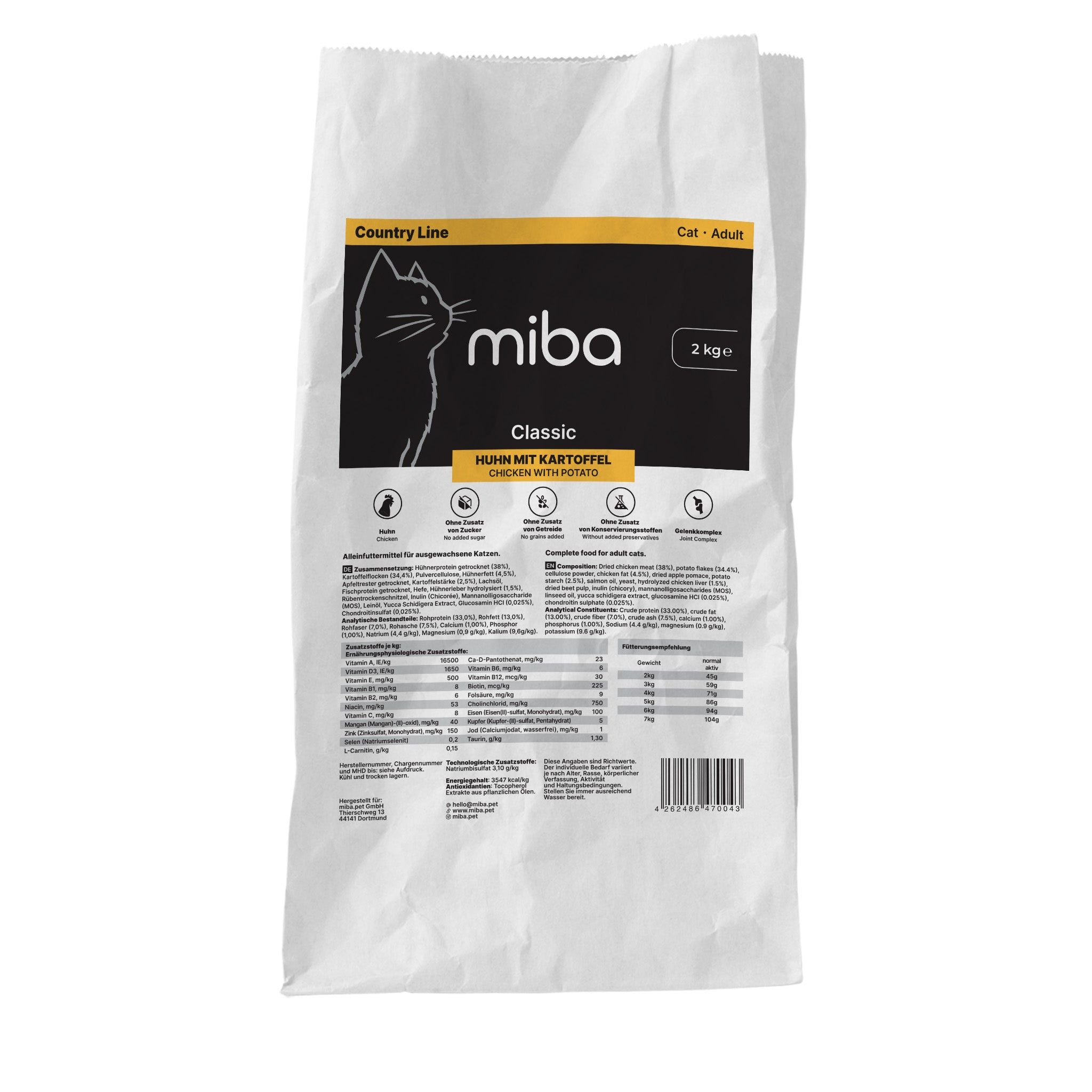 Weißer Beutel mit Aufdruck. Auf gelbem Feld: miba, Classic, Huhn mit Kartoffel. Schwarze Katze-Silhouette. Text: 2 kg, Country Line, Cat - Adult.