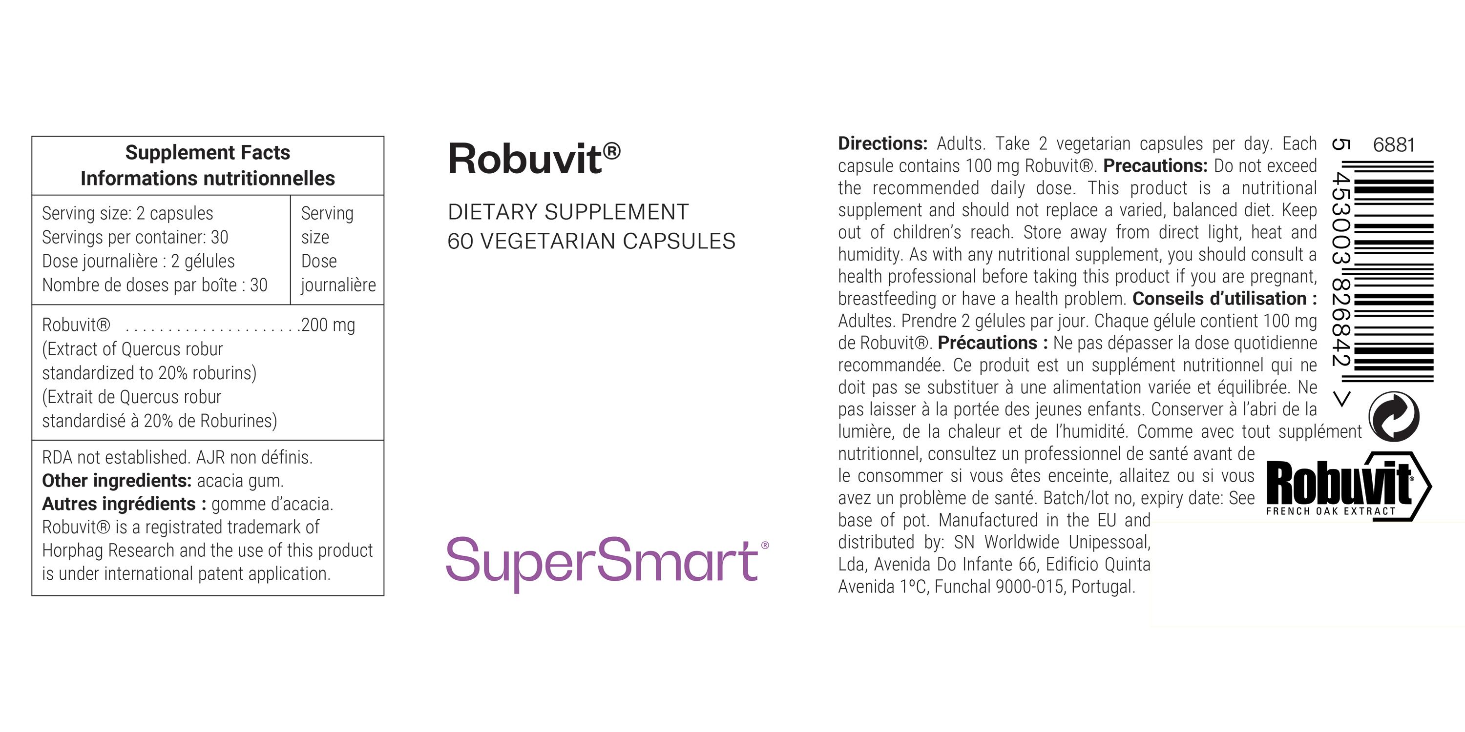 Robuvit®-Etikett mit Nährwertangaben und Inhaltsstoffen. Enthält 60 vegetarische Kapseln. SuperSmart-Logo.
