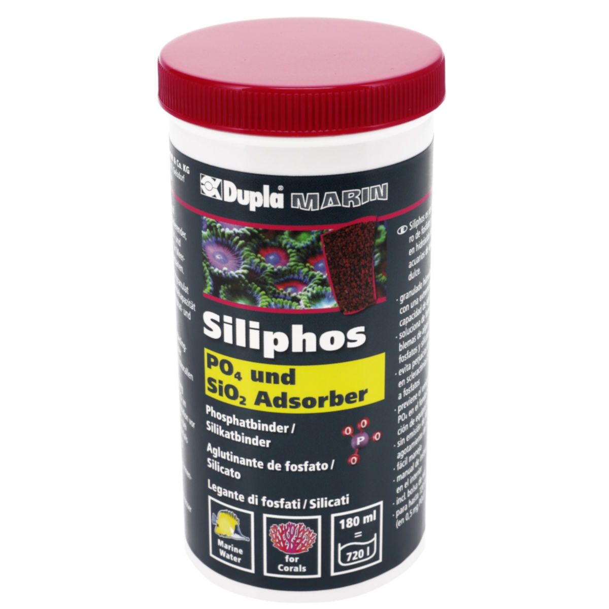 Zylindrische Dose mit rotem Deckel. Aufschrift: Dupla Marin, Siliphos, PO4 und SiO2 Adsorber. 180 ml.