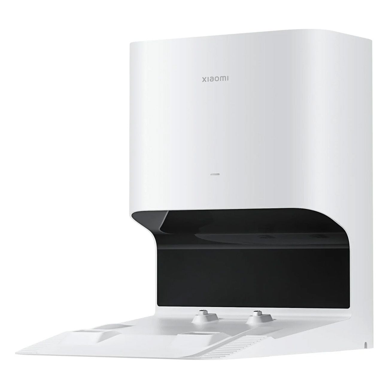 Weiße Ladestation für einen Roboterstaubsauger. Die Station hat eine rechteckige Form mit einer Öffnung an der Vorderseite.