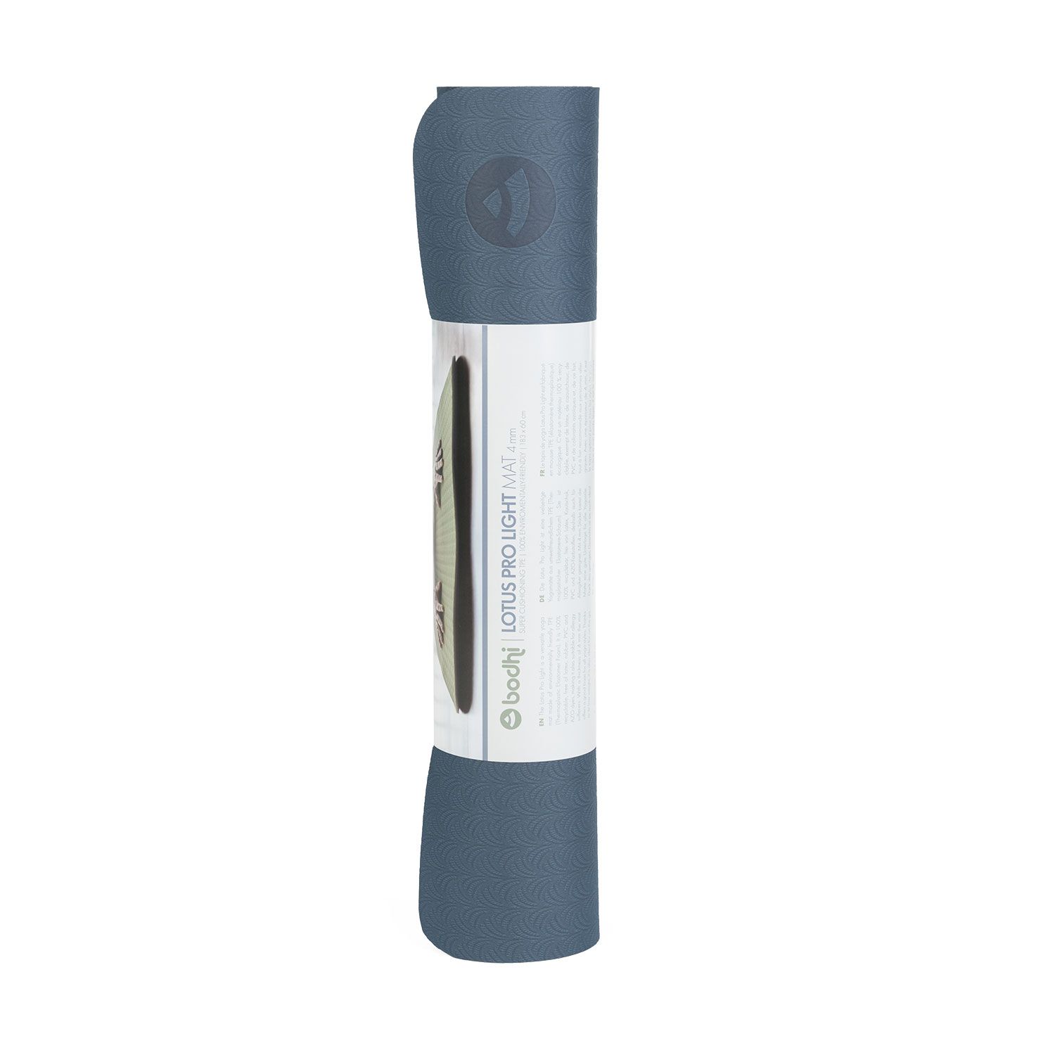 Gerollte Yogamatte mit Band. Aufschrift: Lotus Pro LIGHT MAT. Dunkelblau.