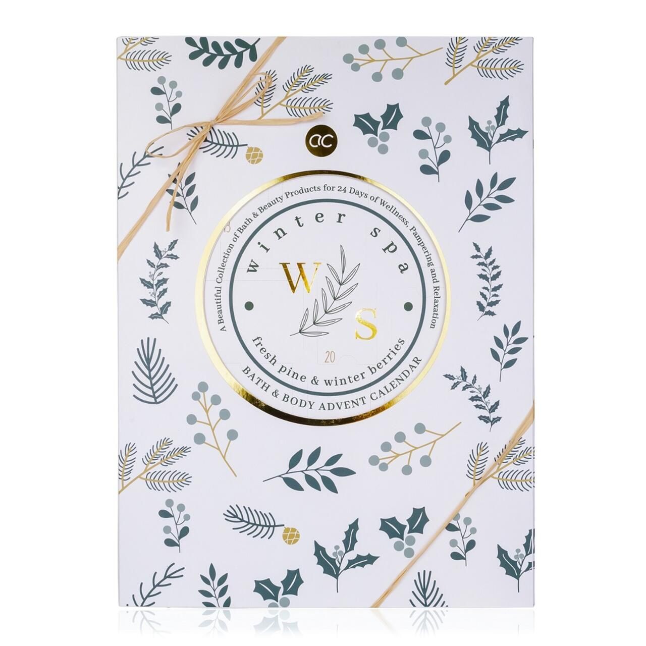 Geschlossener Adventskalender mit floralem Muster und goldener Schrift. Aufschrift 'Winter Spa' und 'Adventskalender'.