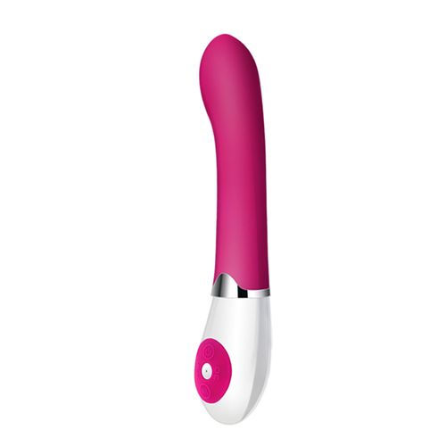Vibrator mit pinkfarbenem Schaft und weißem Unterteil. Ein Knopf ist sichtbar.