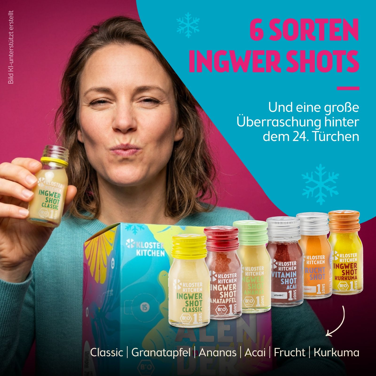 Eine Frau hält einen Ingwer-Shot und lächelt in die Kamera.