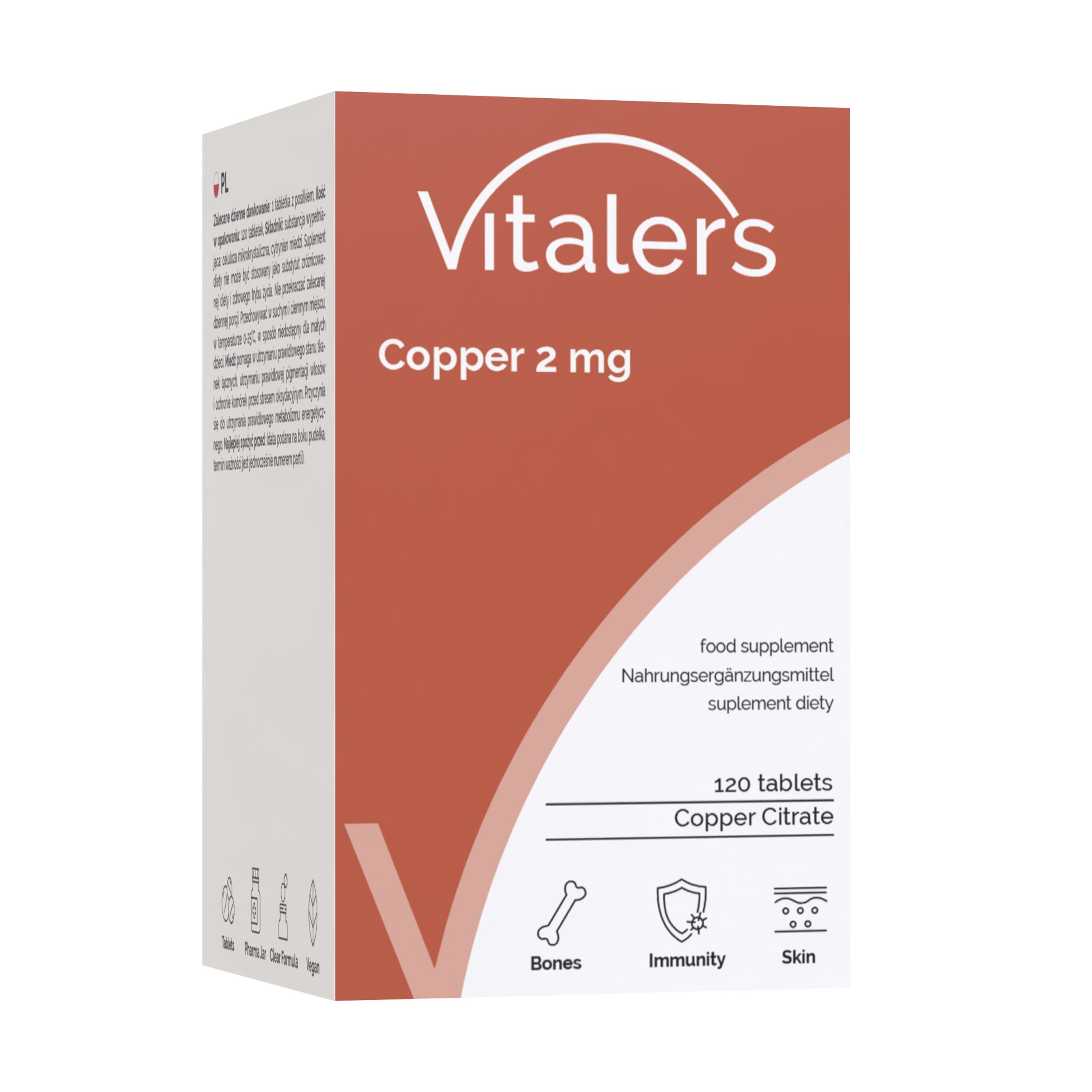 Verpackung von Vitaler's Kupfer 2 mg Nahrungsergänzungsmittel mit Icons für Haut, Knochen und Immunität.