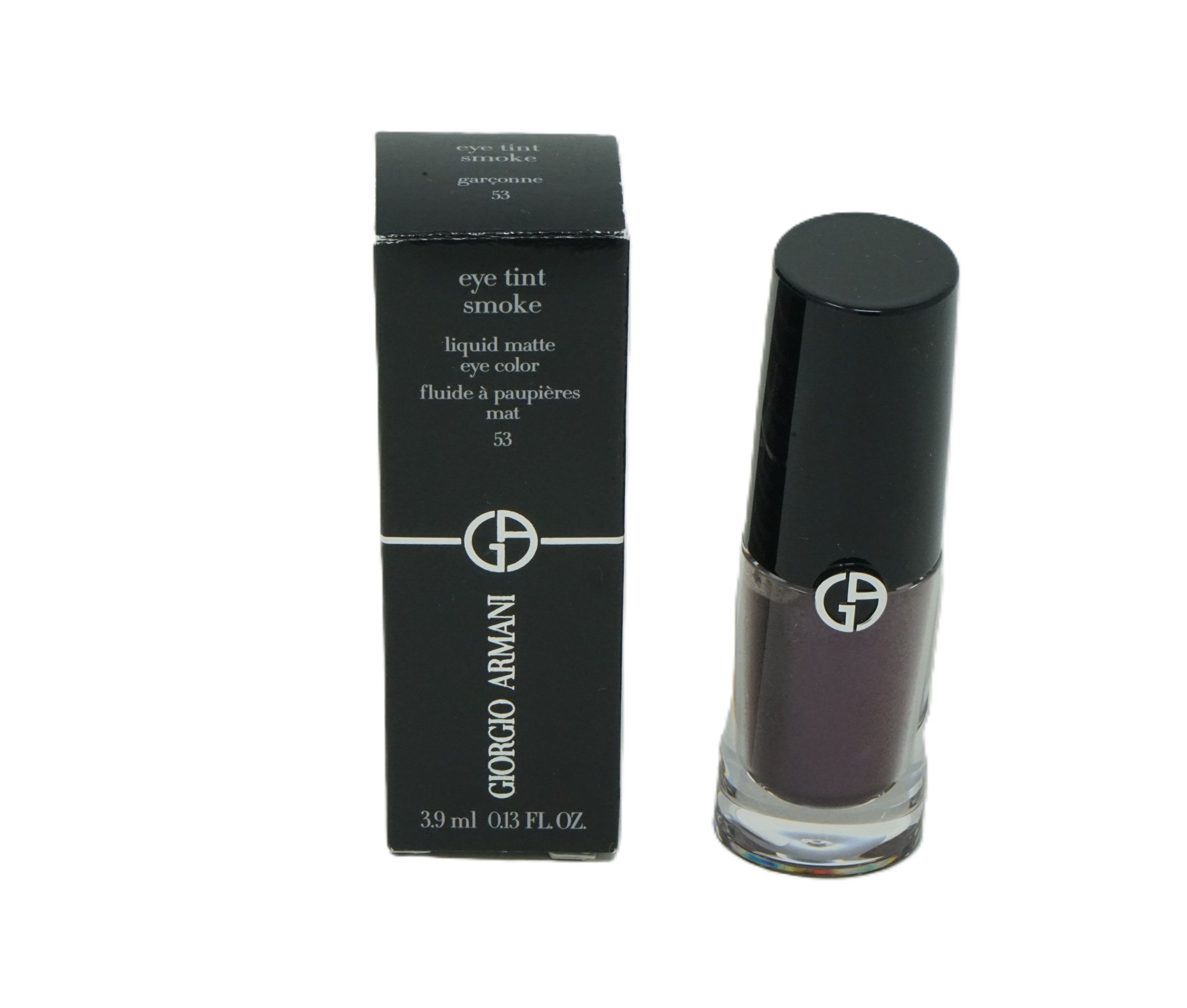 Giorgio Armani Eye Tint, flüssiger Lidschatten, mit Verpackung. Schwarze Flasche mit schwarzem Deckel. Aufschrift: Eye Tint, Smoke, 53.