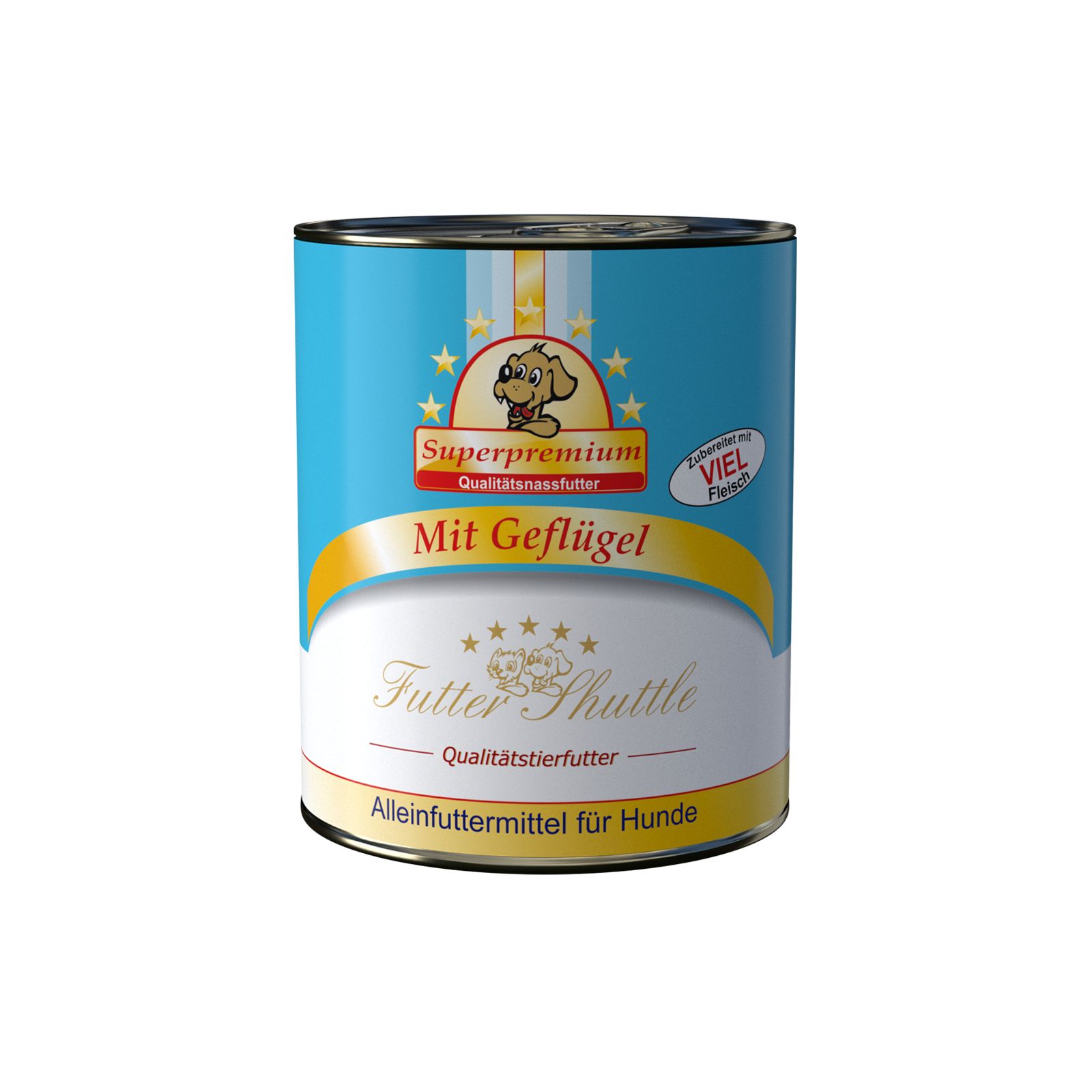 Hundefutter-Nassfutter-Dose. Blau-weißes Etikett mit Logo, Schriftzug "Mit Geflügel" und "Futter Shuttle".