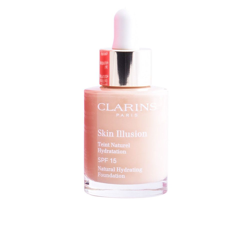 Flakon mit Foundation. Aufschrift: Clarins, Skin Illusion, SPF 15. Farbton: 108 Sand. Mit Pipette und goldfarbenem Verschluss.