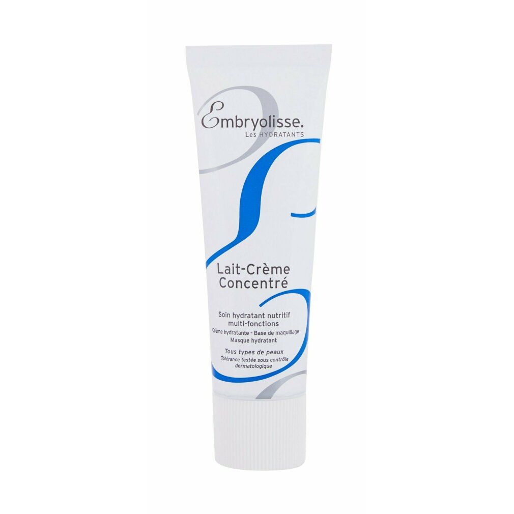 Weiße Tube mit blauem Design. Aufschrift: Embryolisse Lait-Crème Concentré. Für alle Hauttypen. Dermatologisch getestet.
