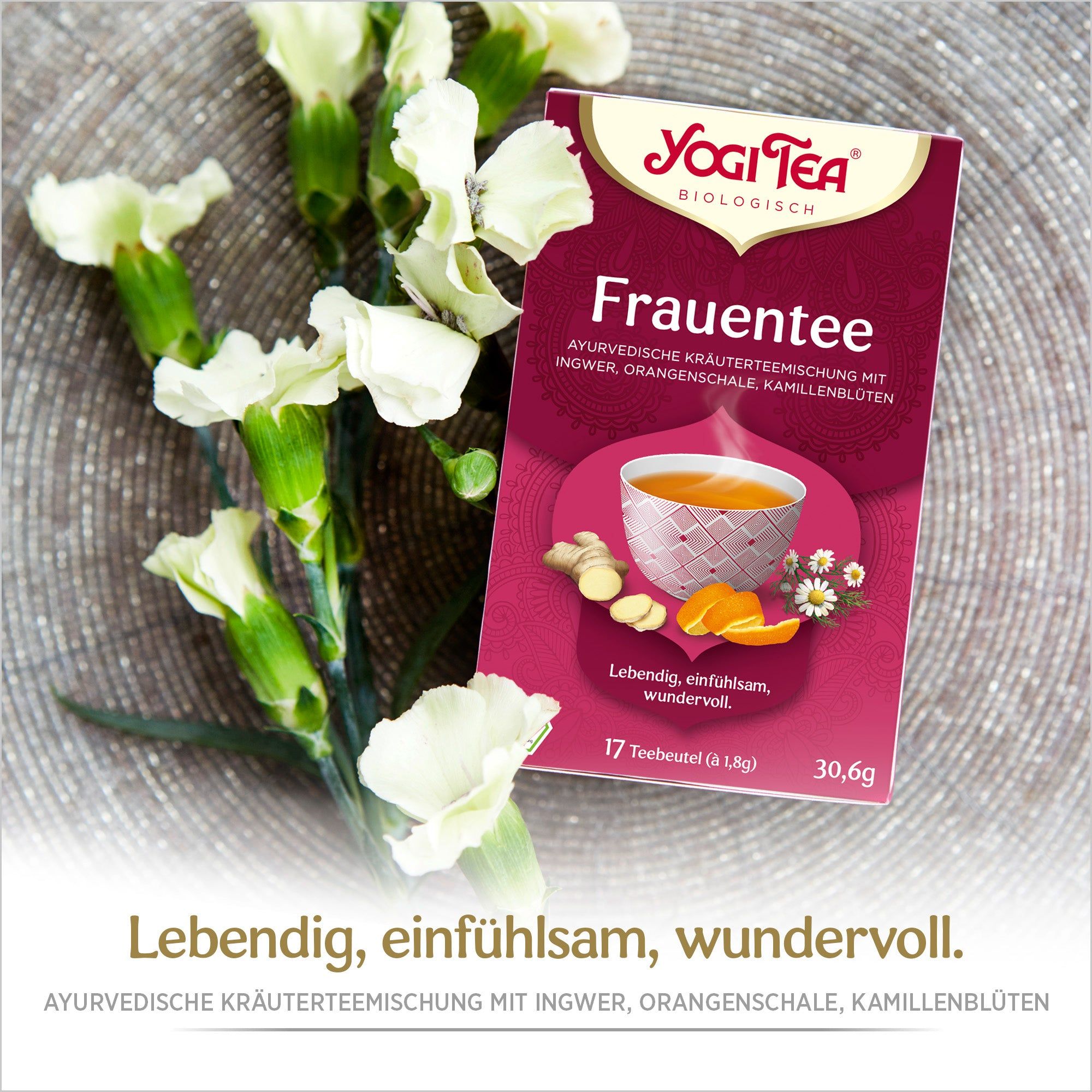 Yogi Tea Frauentee Packung. Aufdruck: Frauentee, ayurvedische Kräuterteemischung mit Ingwer, Orangenschale, Kamillenblüten. 17 Teebeutel. Bio-Siegel.