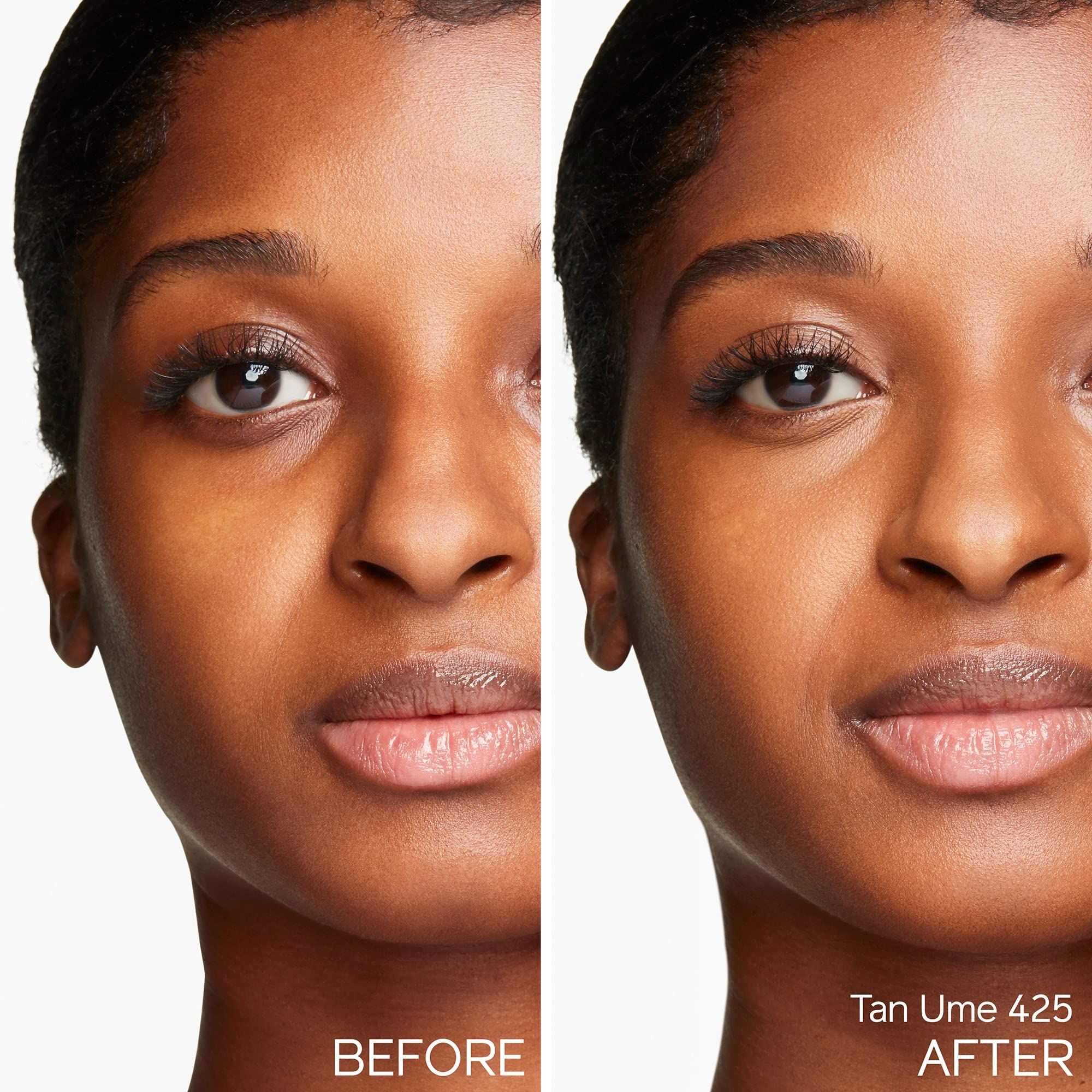 Gesicht einer Frau. Links: Vorher. Rechts: Nachher. Farbton: Tan Ume 425.