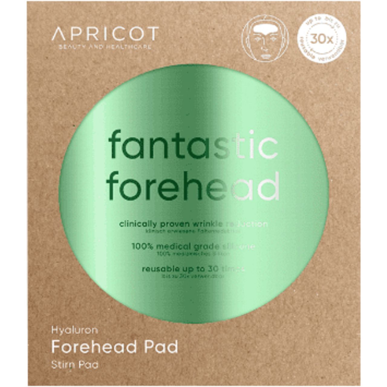Verpackung mit Stirn Pad. Aufschrift: APRICOT, fantastic forehead, 30x wiederverwendbar.