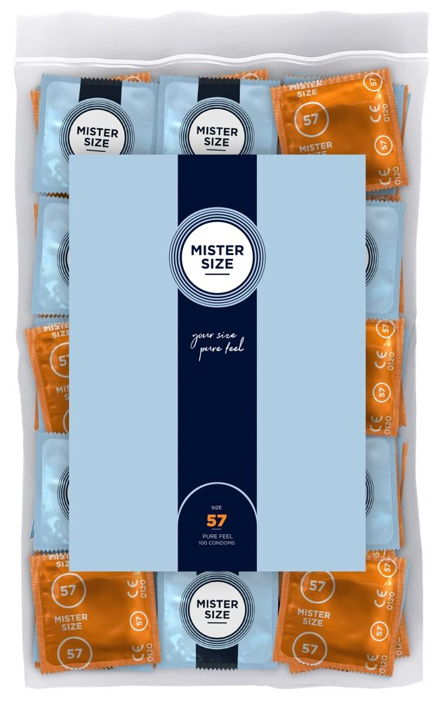 Packung mit Kondomen. Blaue und orangefarbene Einzelverpackungen. Aufdruck: Mister Size, 57.