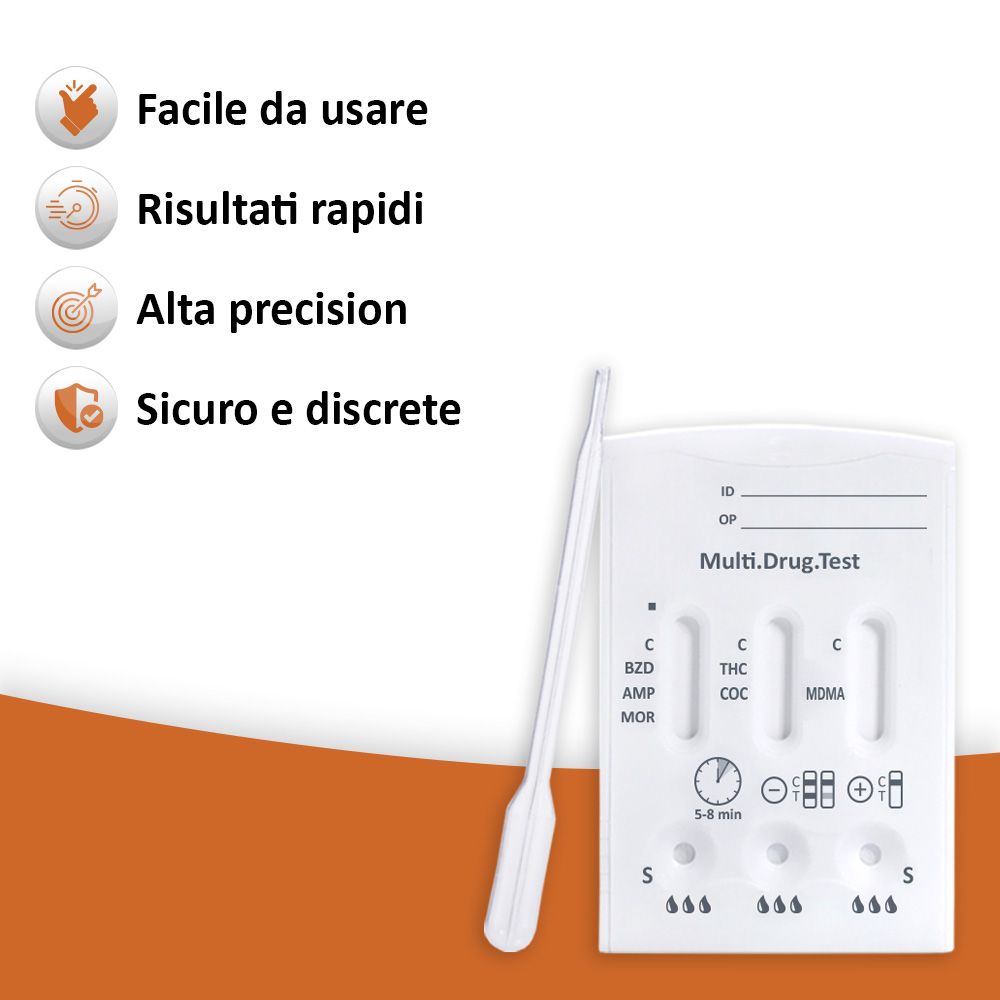 Multi.Drug.Test con pipetta. Testo: Facile da usare, risultati rapidi, alta precisione, sicuro e discreto.
