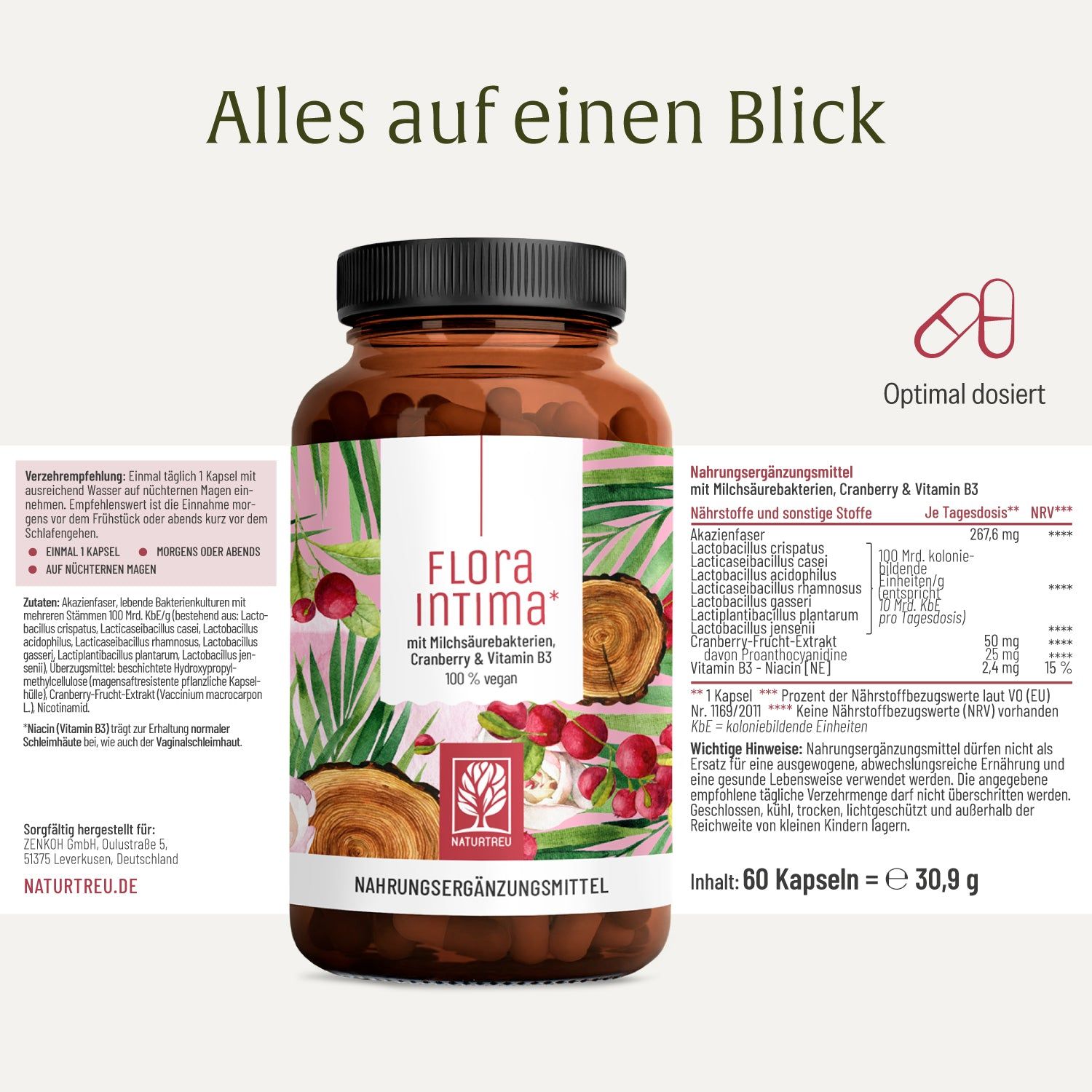 Flasche Flora Intima mit Milchsäurebakterien, Cranberry & Vitamin B3, 100% vegan.