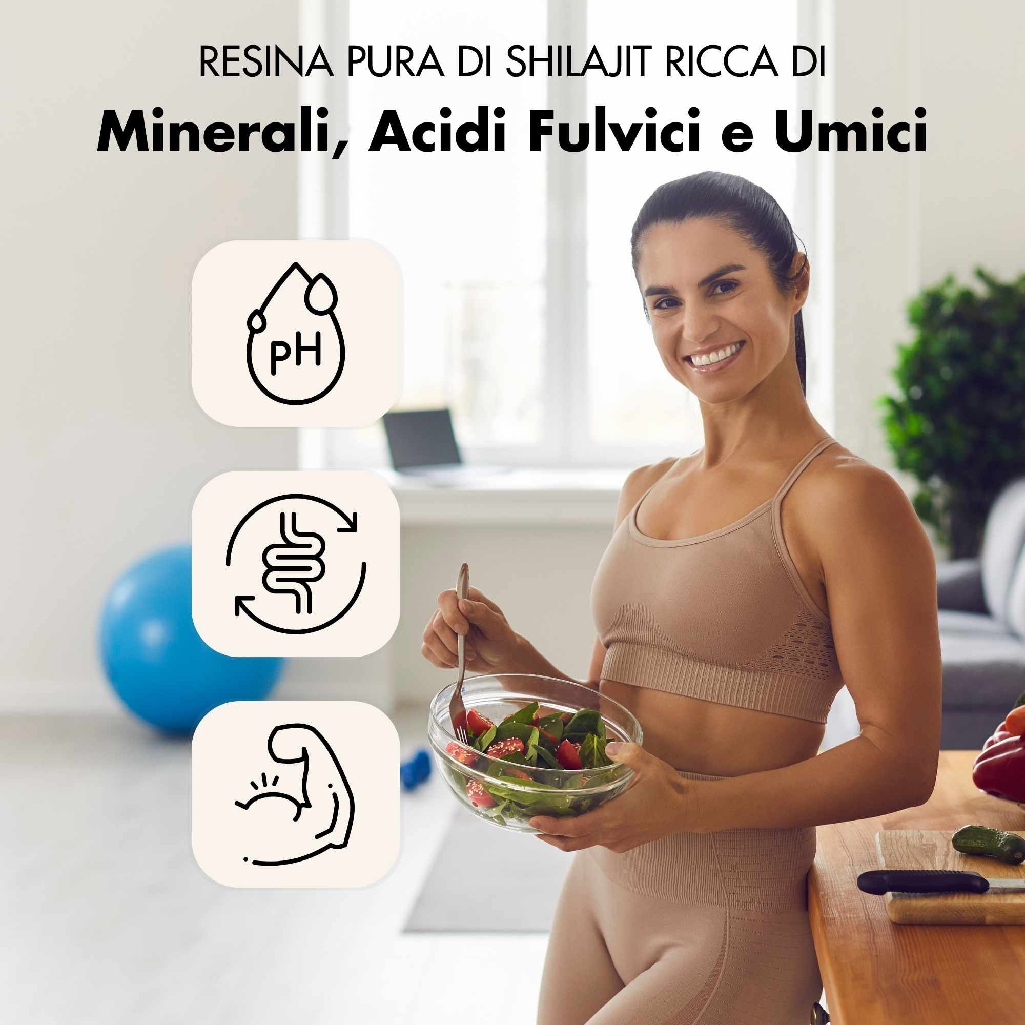 Donna con insalata. Sfondo: simboli pH, digestione e muscoli.