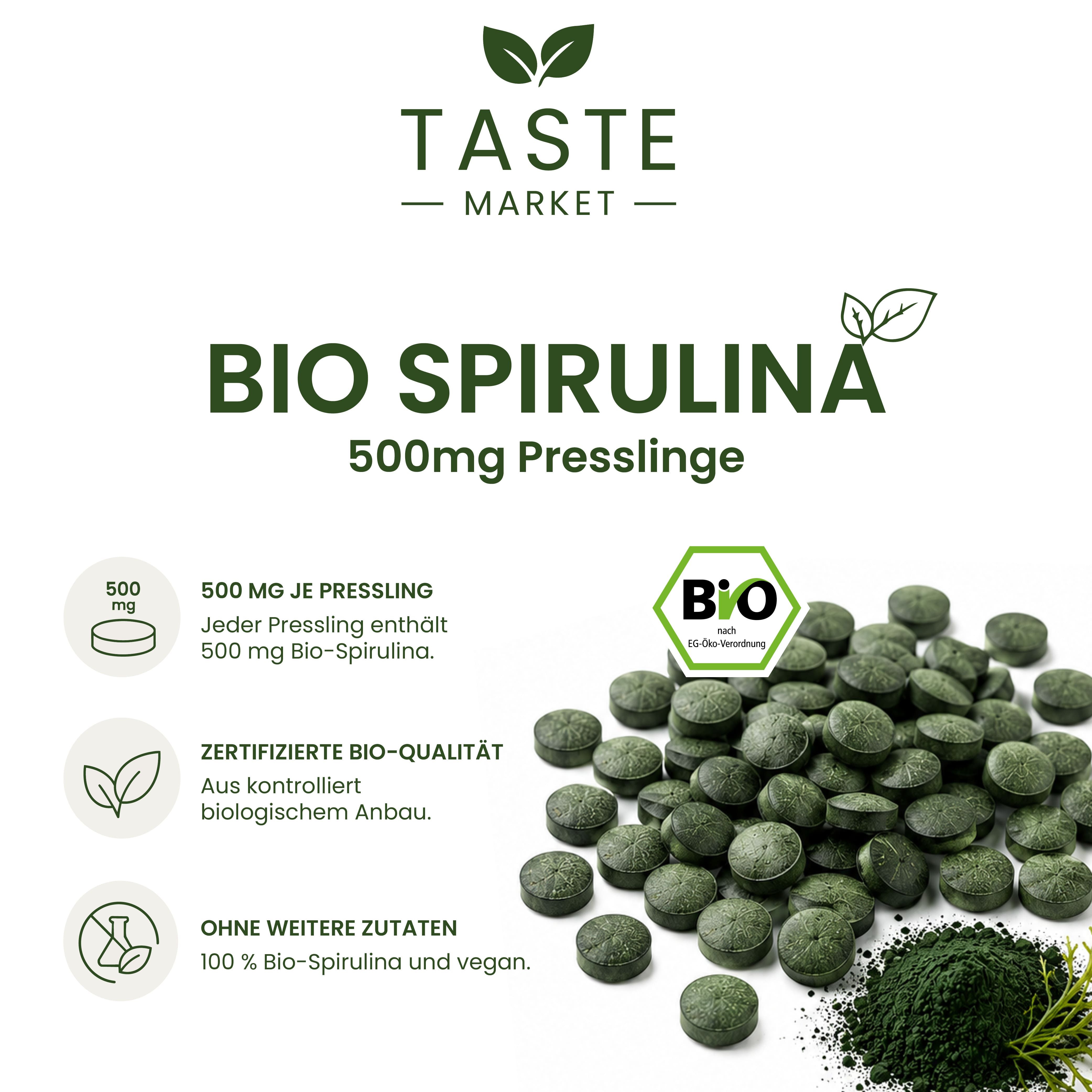 Bio Spirulina 500mg Presslinge: Bio-Qualität, ohne Zusätze.