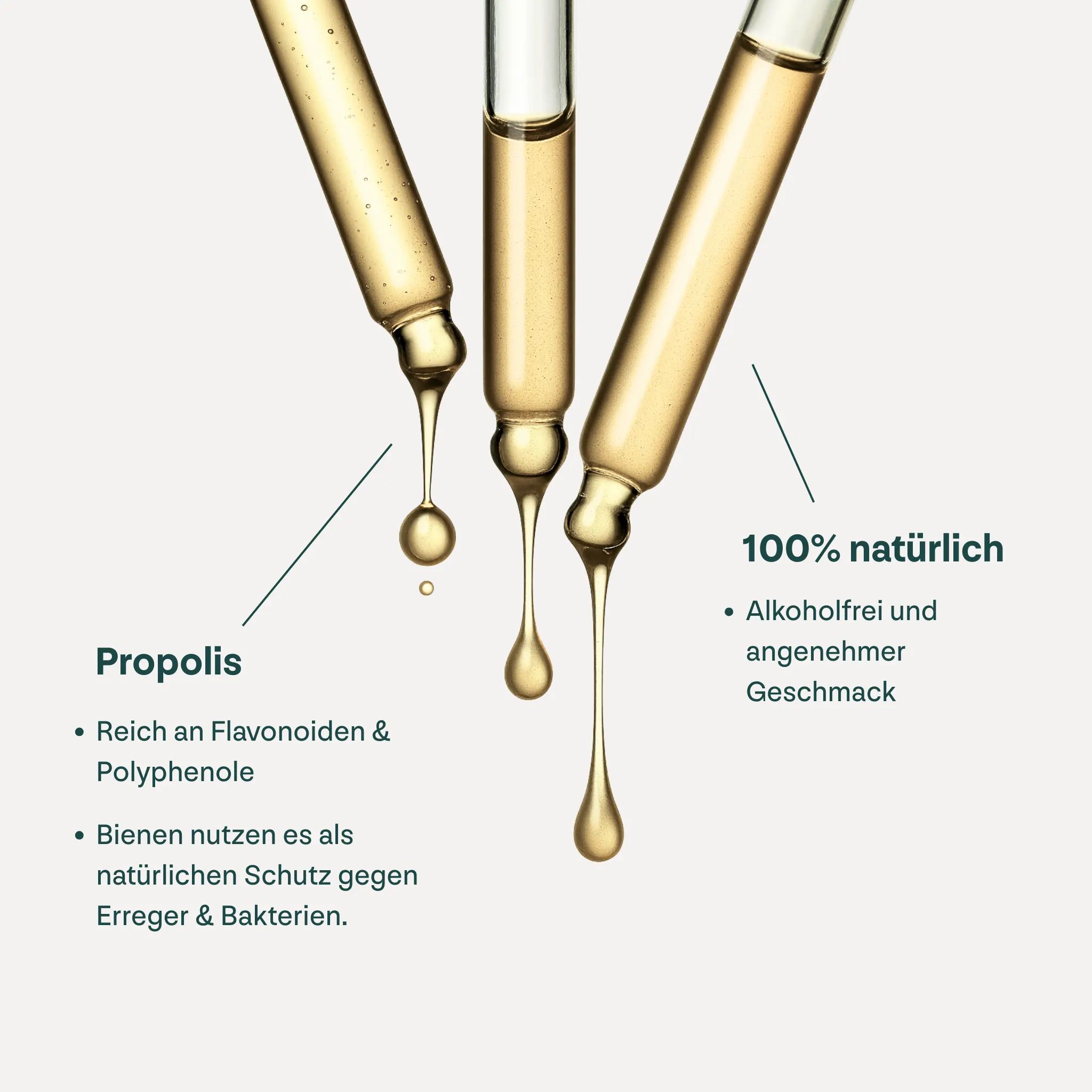 Drei Pipetten mit Tropfen. Text: Propolis. 100% natürlich. Alkohol- und geschmacksfrei.