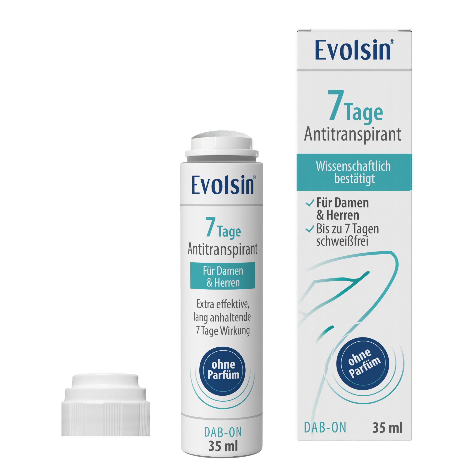 Evolsin® Antitranspirant-Flasche und Verpackung. Weißes Fläschchen mit Deckel, daneben Karton. Aufschrift: 7 Tage Antitranspirant, ohne Parfum.