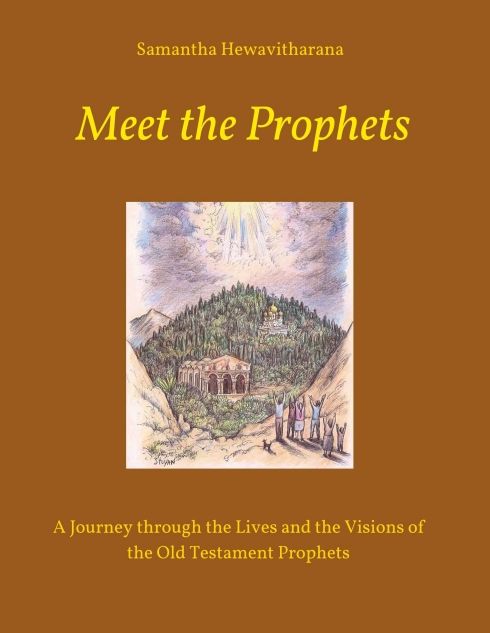 Buchcover mit Titel "Meet the Prophets" und Autorin Samantha Hewavitharana. Illustration einer Landschaft mit Menschen.
