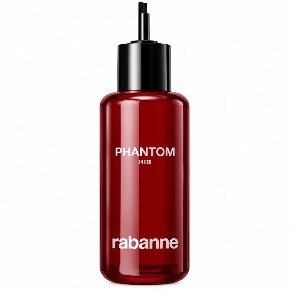 Rote Glasflasche mit schwarzem Verschluss und Applikator. Beschriftung: "PHANTOM IN RED" und "rabanne".