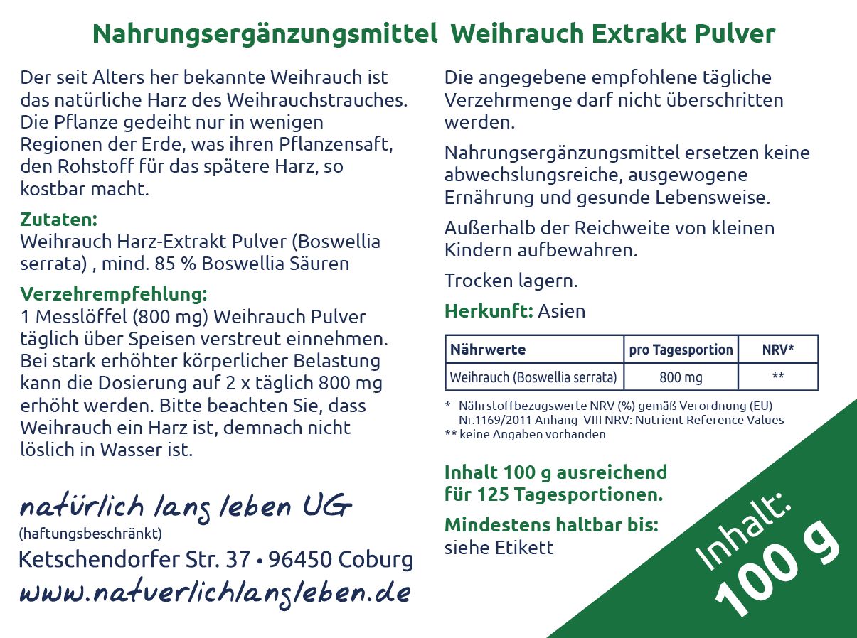 Rückseite der Verpackung. Text: Nahrungsergänzungsmittel Weihrauch Extrakt Pulver. Inhaltsstoffe, Verzehrempfehlung, Nährwerte, Herkunft.