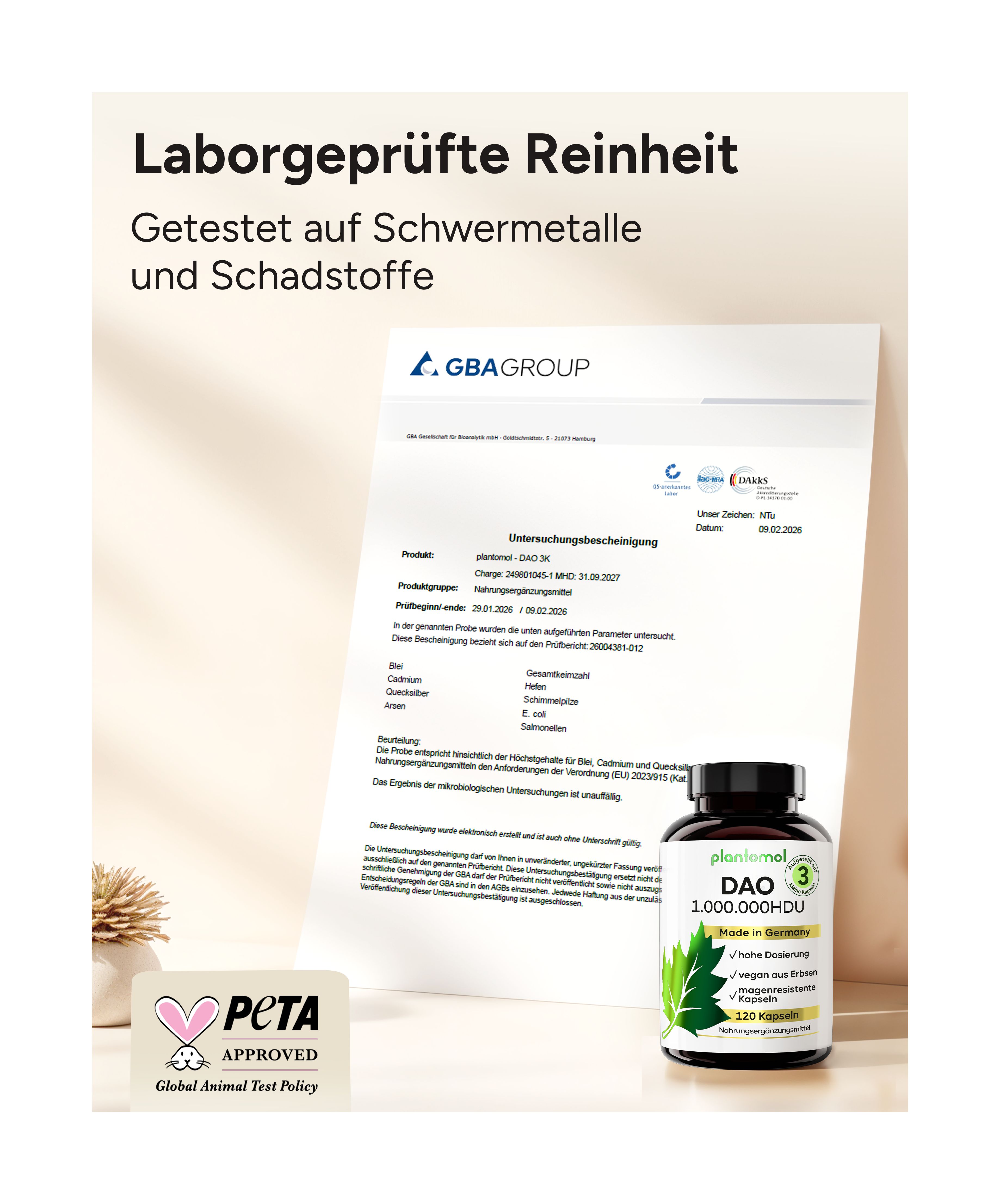 Laborbericht und Flasche. Text: Laborgeprüfte Reinheit. Getestet auf Schwermetalle und Schadstoffe. PETA-Logo. 120 Kapseln.