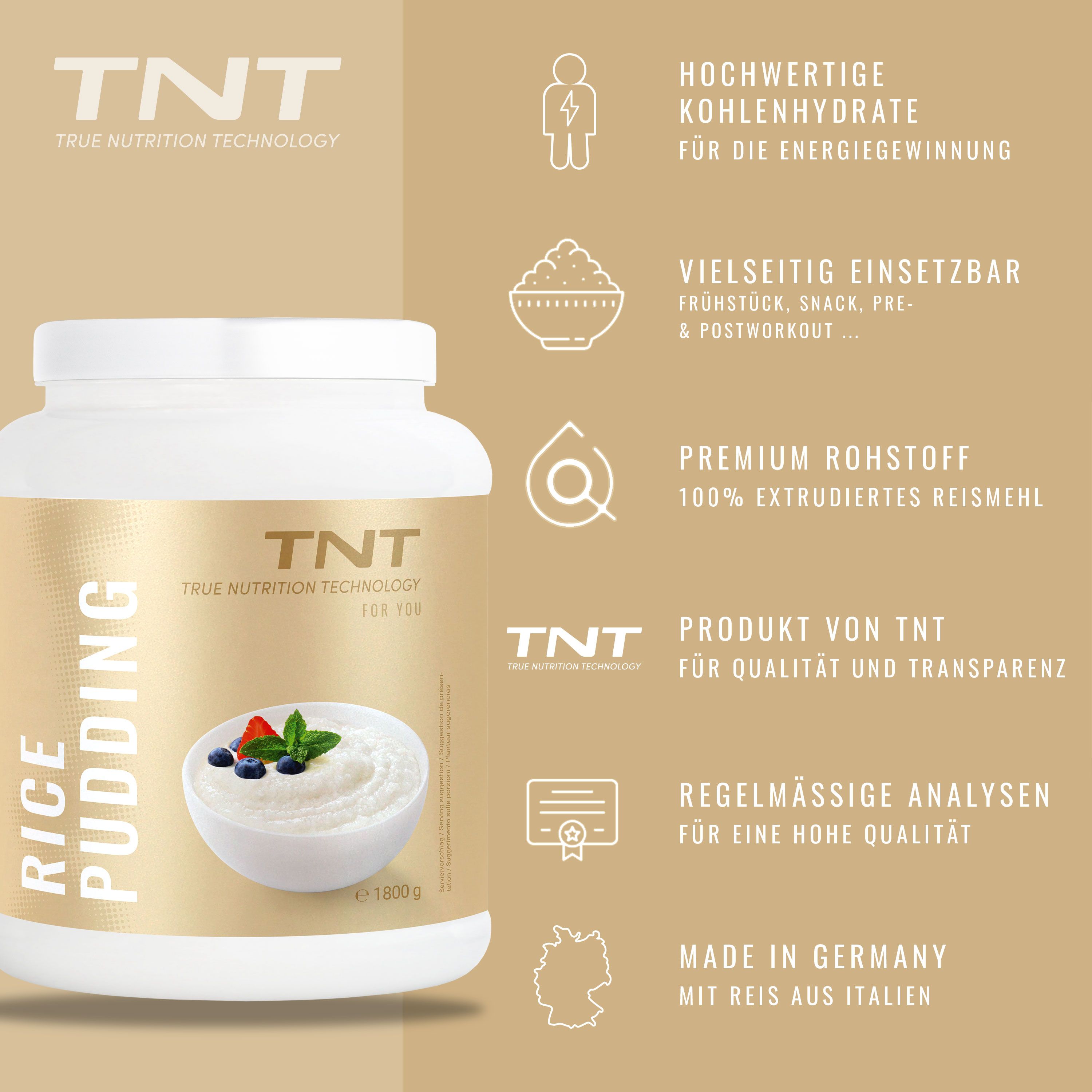 Weißer Behälter mit goldfarbenem Etikett. Aufschrift: TNT Rice Pudding. Abgebildet: Schüssel mit Reis-Pudding, Beeren und Minze. Zusätzliche Informationen.