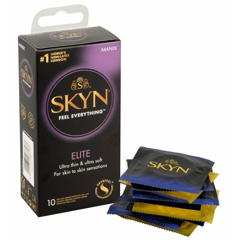 Schwarze Schachtel mit SKYN Elite Kondomen. Aufschrift: Ultra dünn & ultra weich. 10 Stück. Marke: MANIX. Kondome sichtbar.