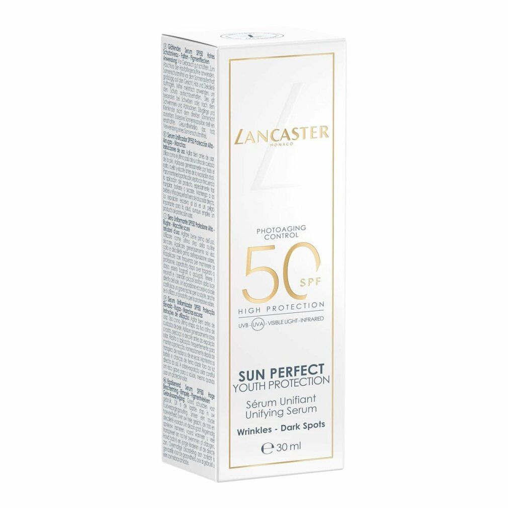 Produktverpackung. Aufschrift: Lancaster, 50 SPF, Sun Perfect Youth Protection. Gegen Falten und dunkle Flecken. 30 ml.