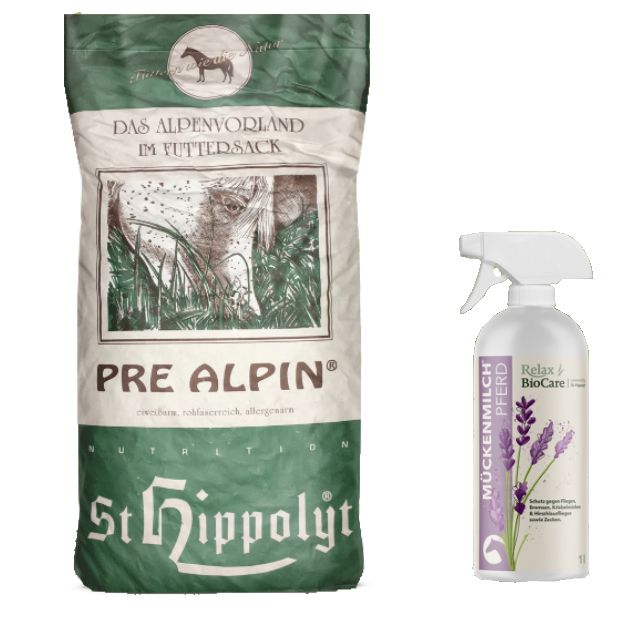 St. Hippolyt PreAlpin Wiesencobs + Relax Biocare Mückenmilch für Pferde
