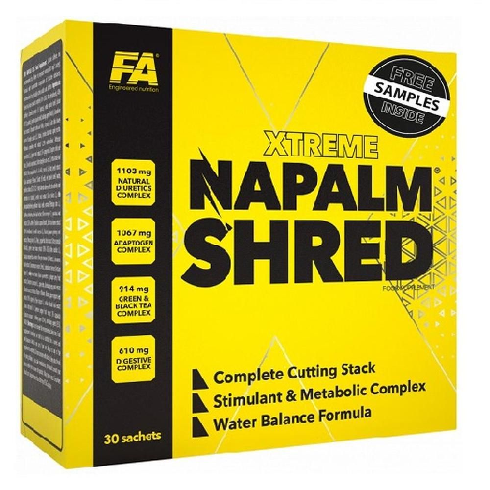 Gelbe Schachtel mit "NAPALM SHRED"-Schriftzug. Enthält 30 Sachets. Enthält Informationen zu Inhaltsstoffen und "FREE SAMPLES INSIDE".