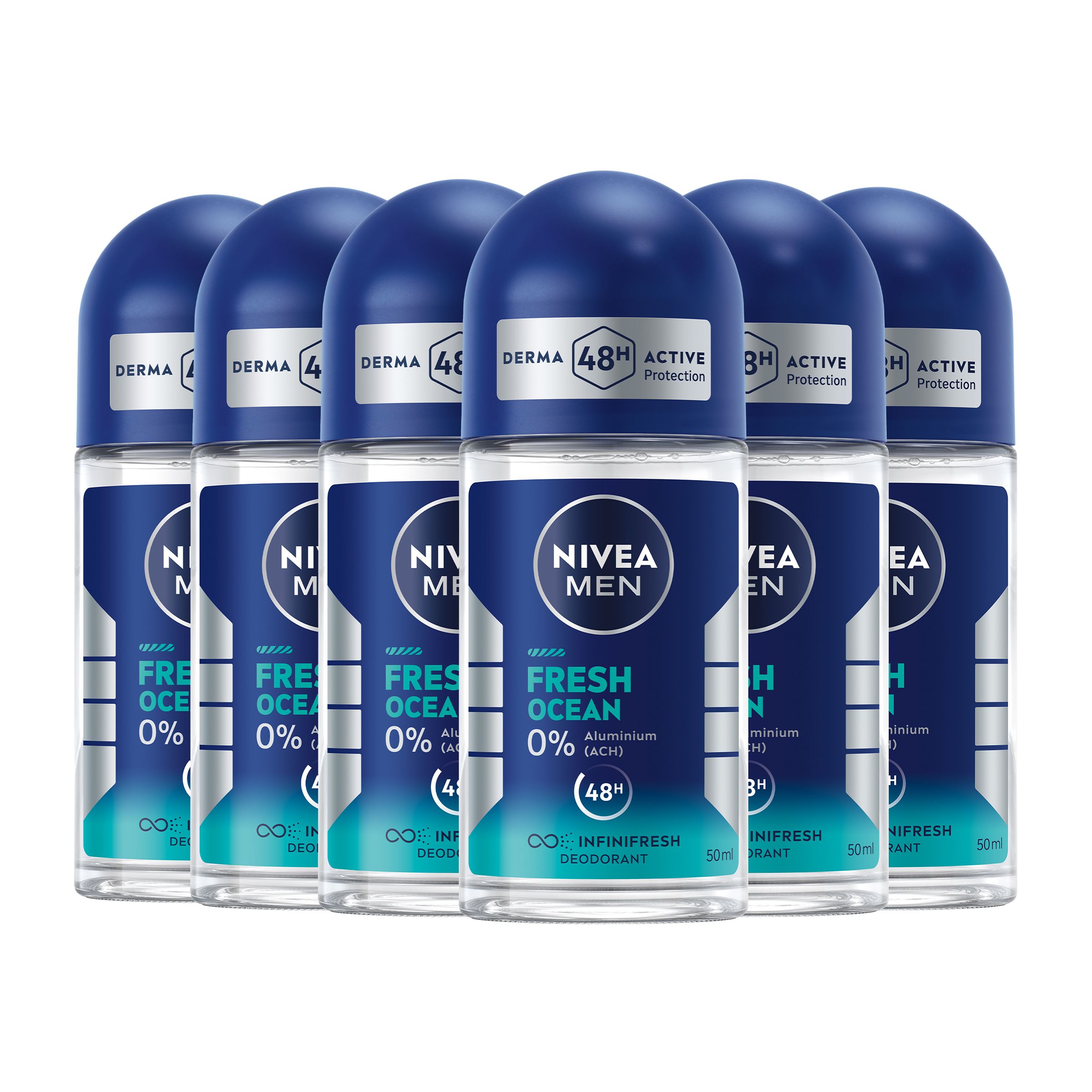 Mehrere Roll-On Deodorants. Blaue Kappen, transparente Behälter. Aufschrift: NIVEA MEN, Fresh Ocean, 48h Active Protection.