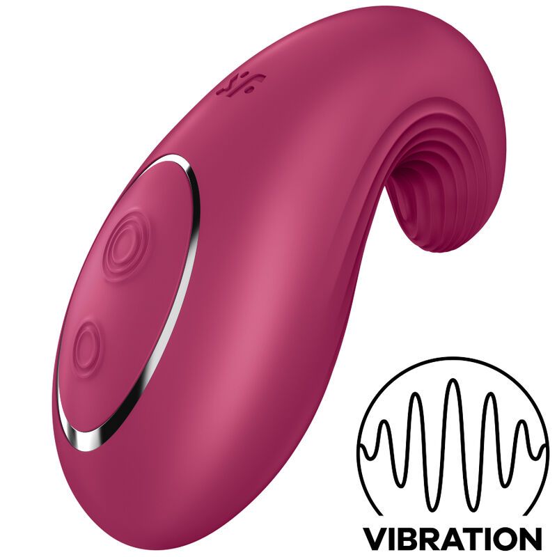Burgunderfarbener Vibrator mit zwei Knöpfen und Tropfenform. Silberfarbener Ring um die Knöpfe. Vibrationssymbol.