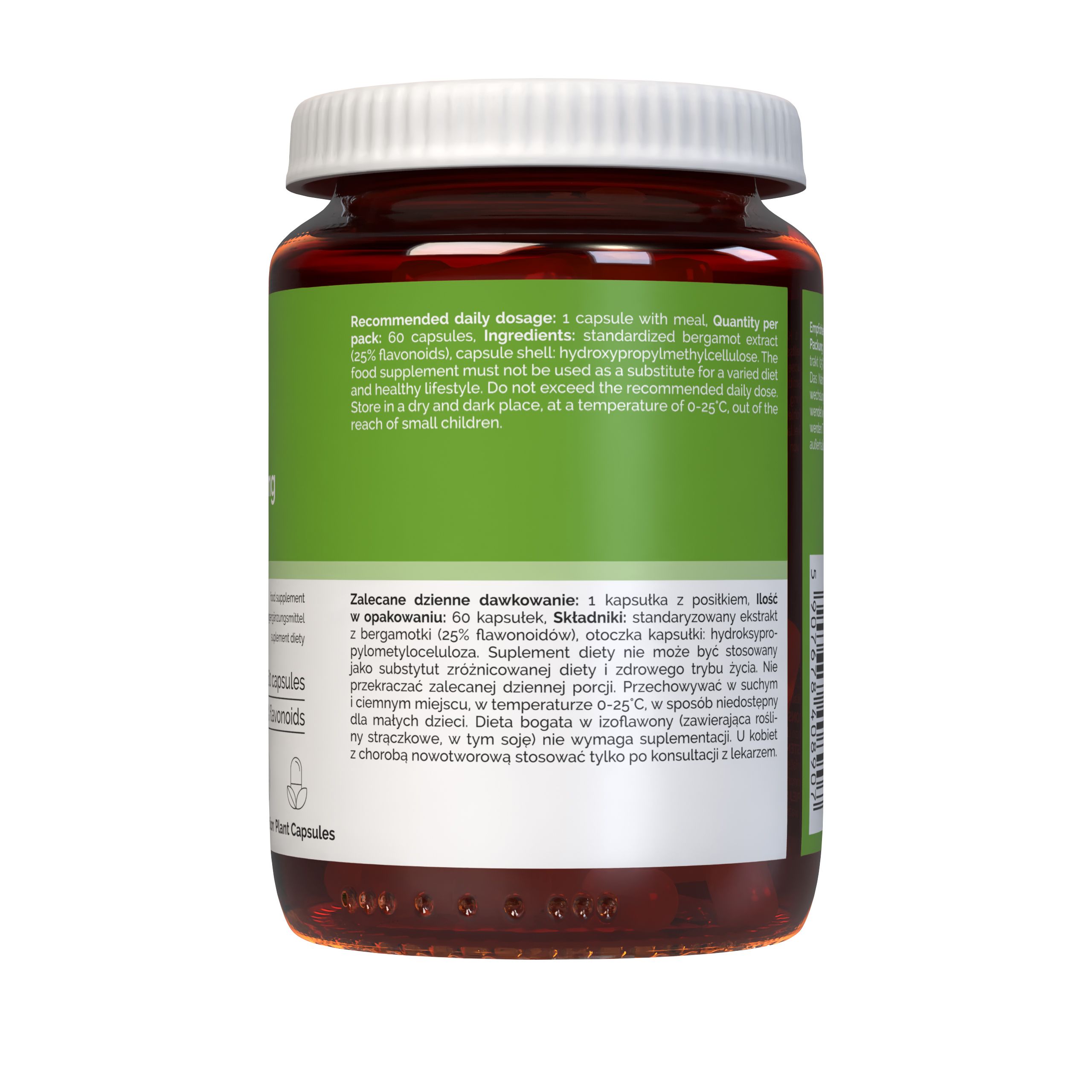 Rückseite des Vitaler’s Bergamotte 600 mg Behälters mit detaillierten Anwendungshinweisen und Inhaltsstoffen.