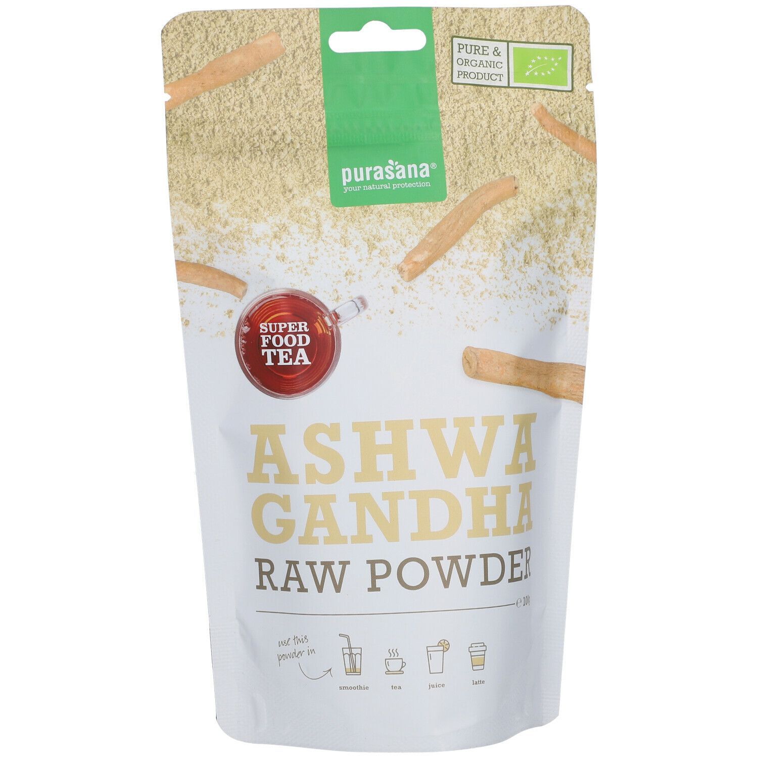 Beutel mit Ashwagandha-Pulver. Aufschrift: Super Food Tea, Ashwagandha Raw Powder. Bio-Siegel.
