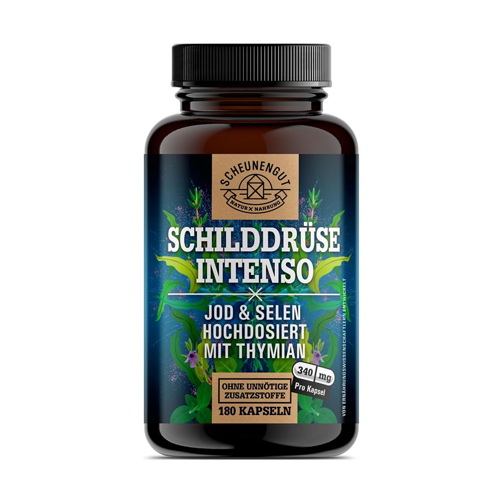 Braune Dose mit blauem Etikett für Schilddrüse Intenso, Jod & Selen Komplex.